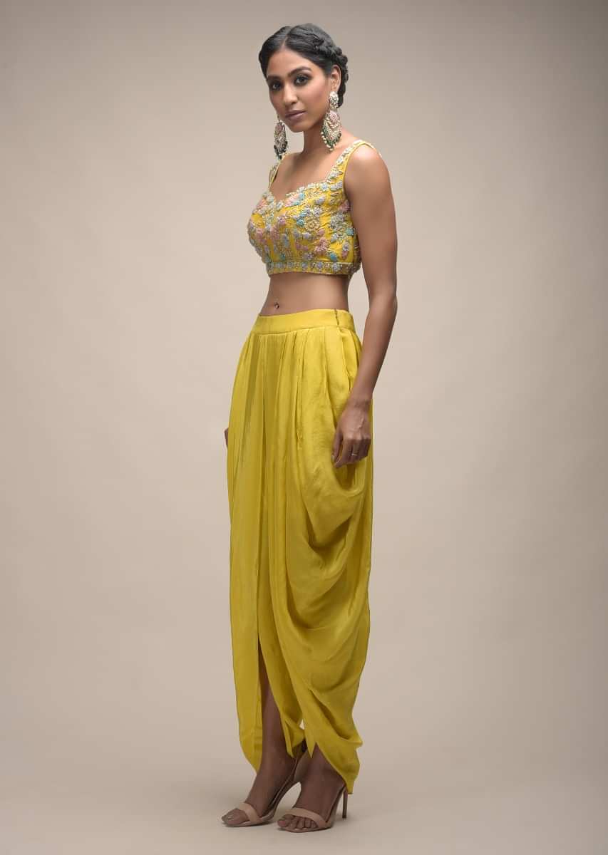 Sun Yellow Dhoti Suit With 3D Organza Flower Embellished Crop Top And Short Cape  
