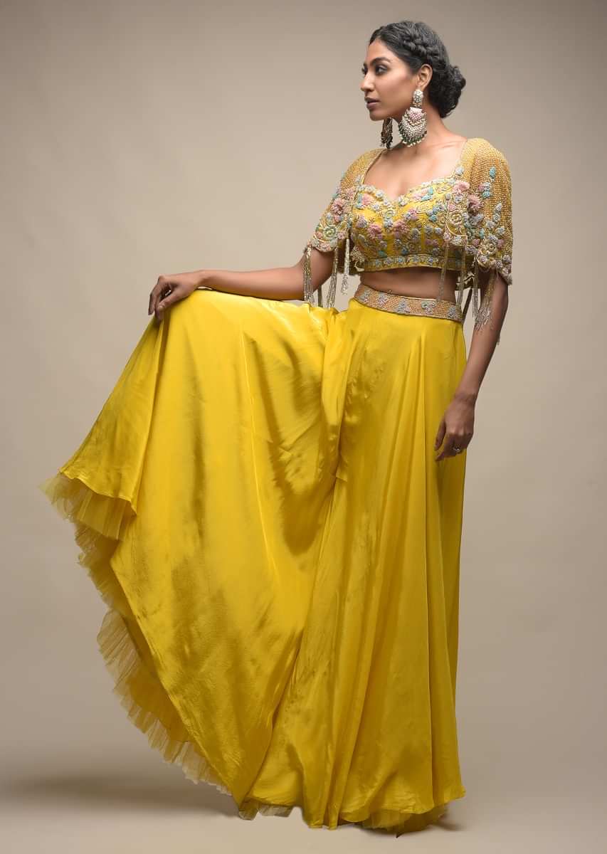 Sun Yellow Palazzo Suit With 3D Organza Flower Embellished Crop Top And Short Cape  