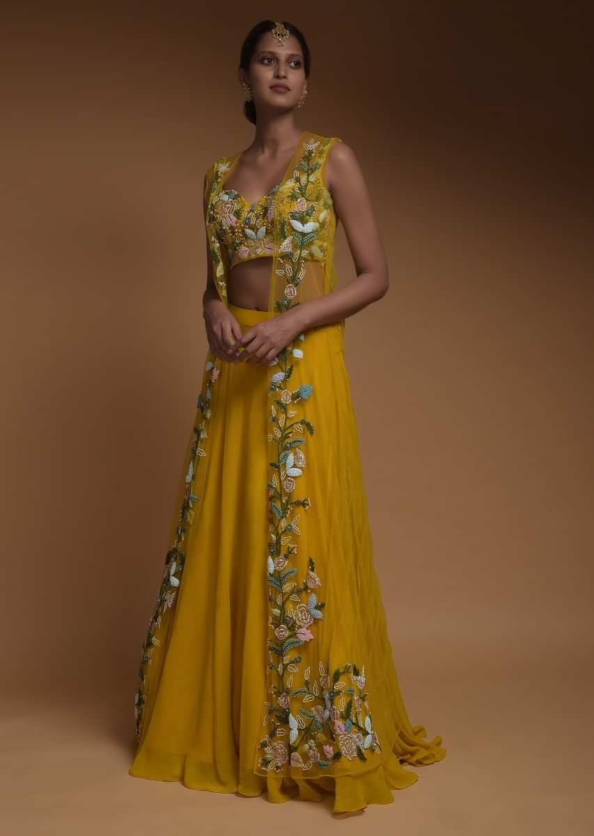 Sun Yellow Skirt, Crop Top And Jacket With 3D Flowers And Embossed Embroidery 