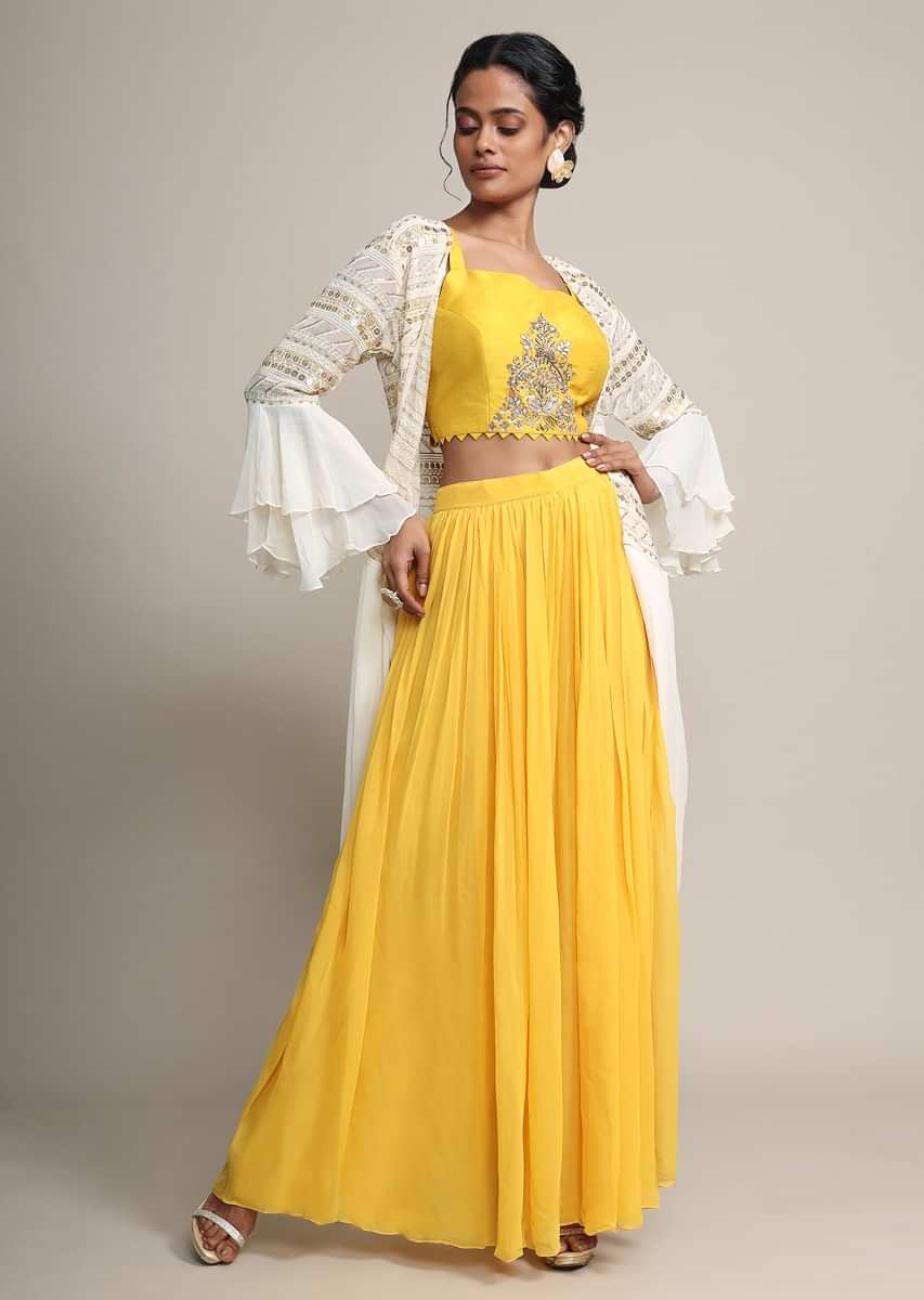 Sun Yellow Palazzo And Crop Top With Off White Long Jacket With Cowl Drape  