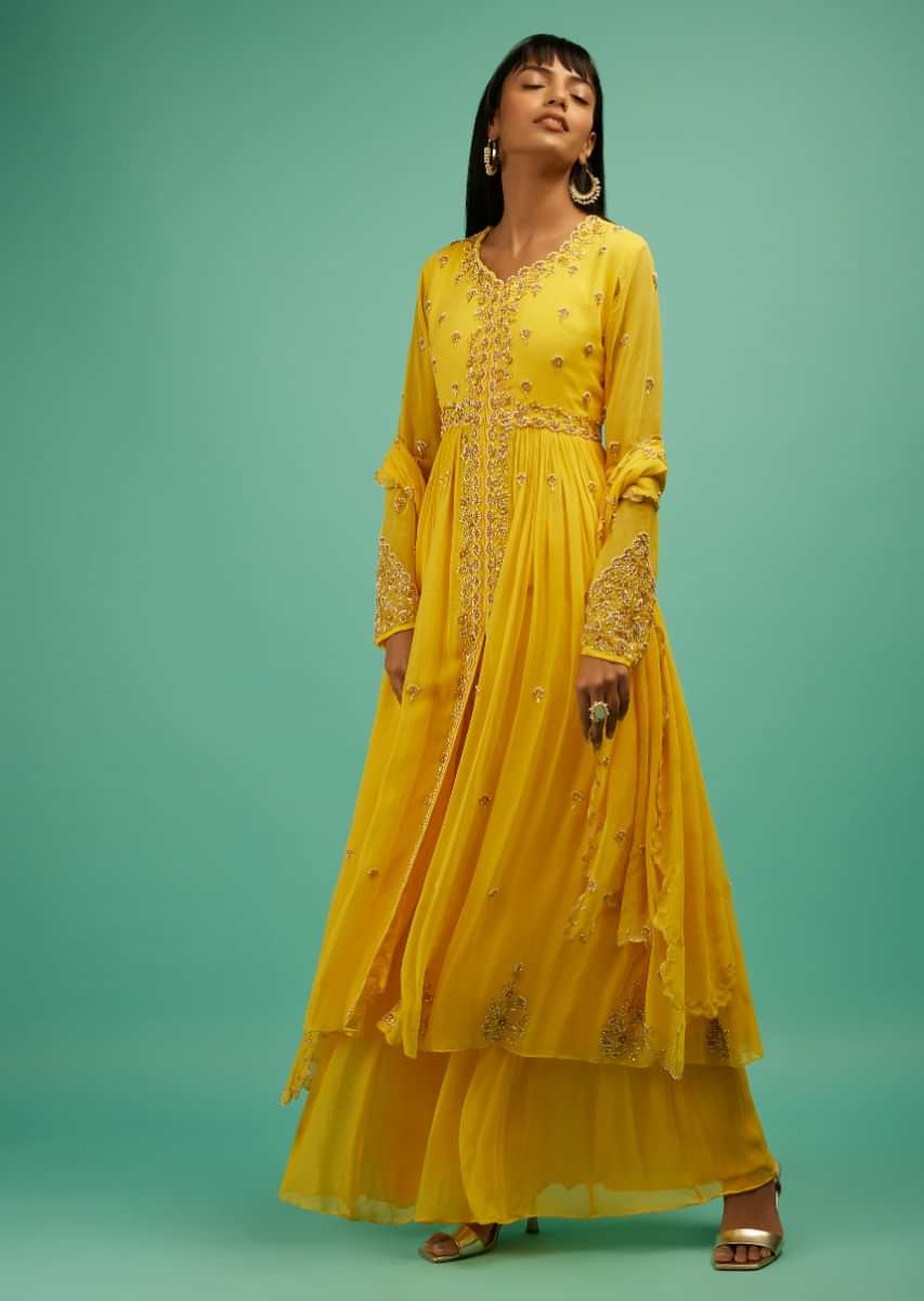 Sun Yellow Palazzo Suit In Georgette With Front Slit Kurti Featuring Cut Dana And Moti Buttis  