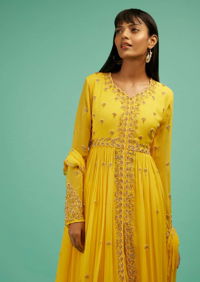 Sun Yellow Palazzo Suit In Georgette With Front Slit Kurti Featuring Cut Dana And Moti Buttis  