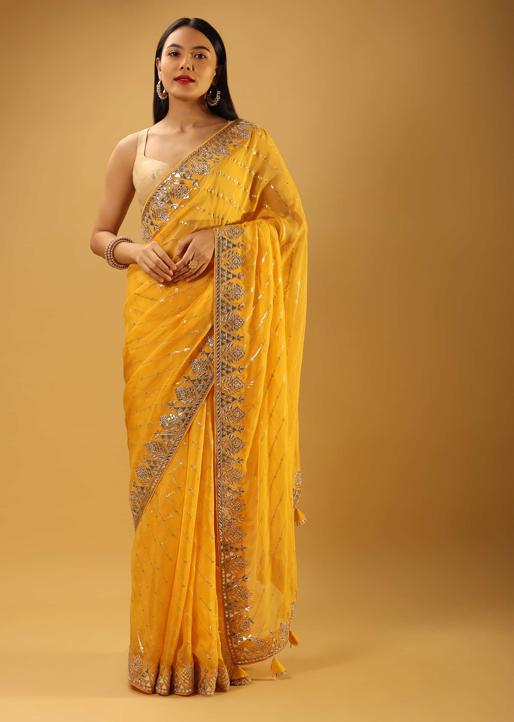 Sun Yellow Saree In Organza With Lurex Woven Diagonal Stripes And Gotta Embroidered Geometric And Floral Border 