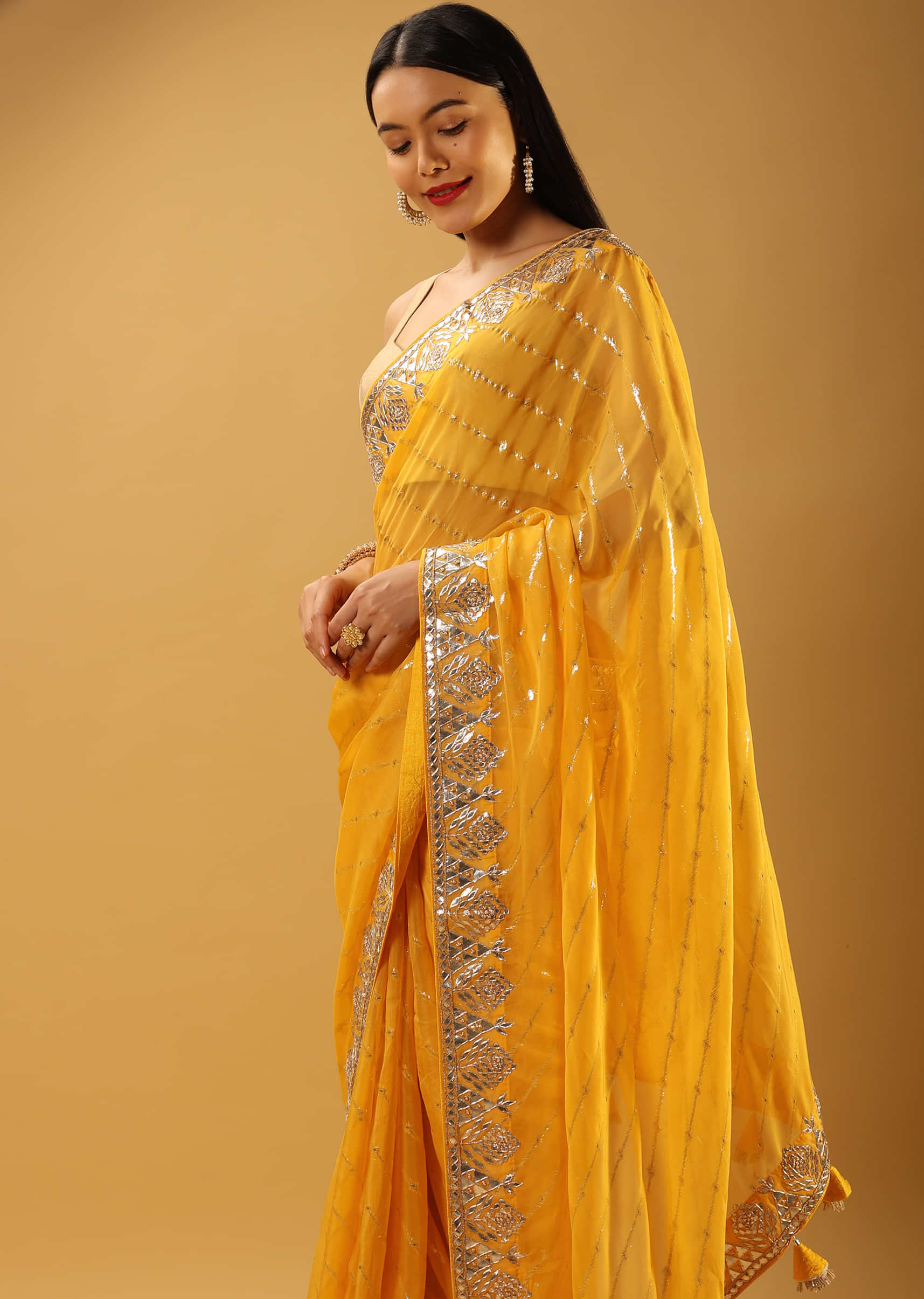 Sun Yellow Saree In Organza With Lurex Woven Diagonal Stripes And Gotta Embroidered Geometric And Floral Border 