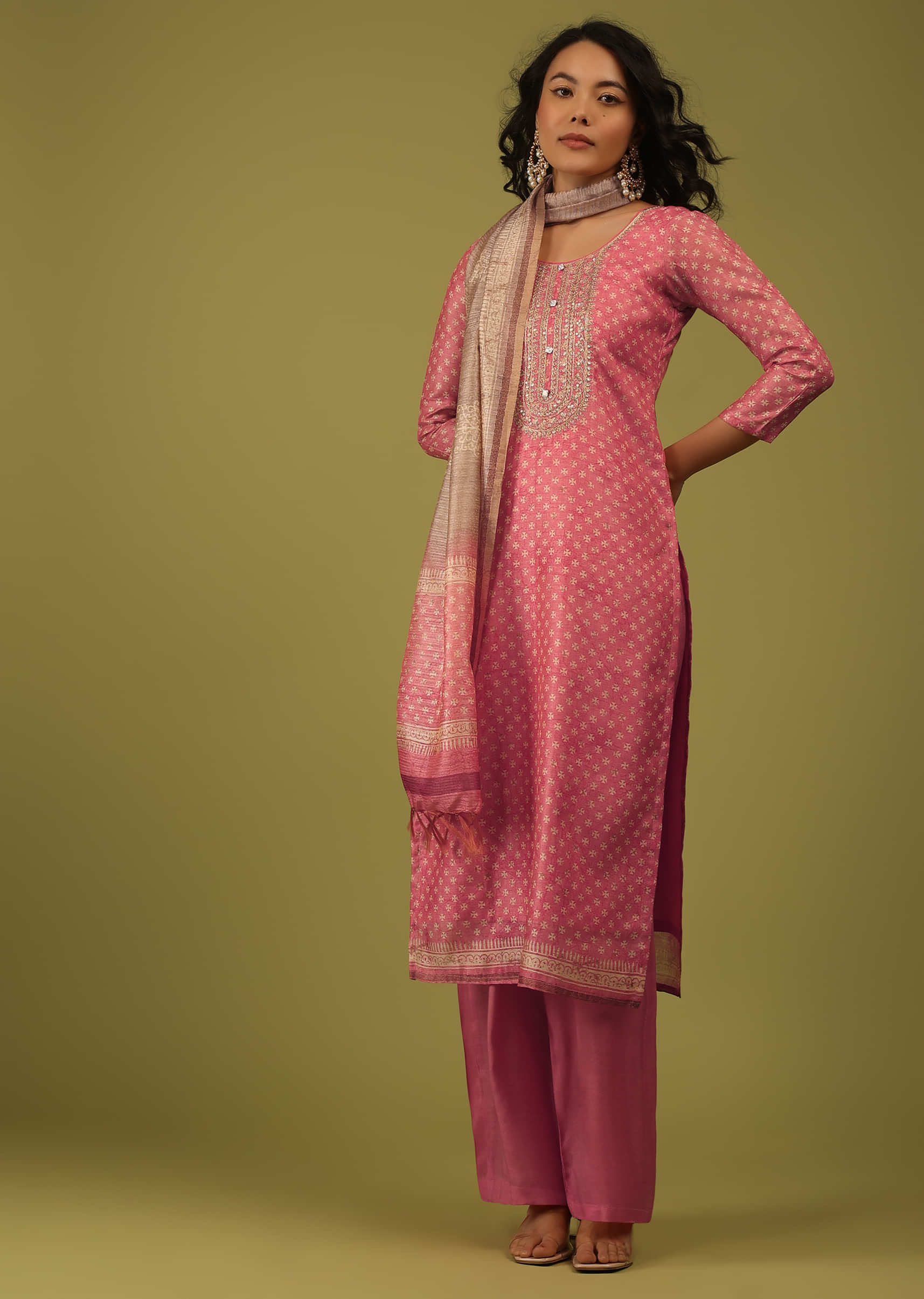 Sunkist Coral Pink Printed Palazzo Suit In Chanderi With Embroidery