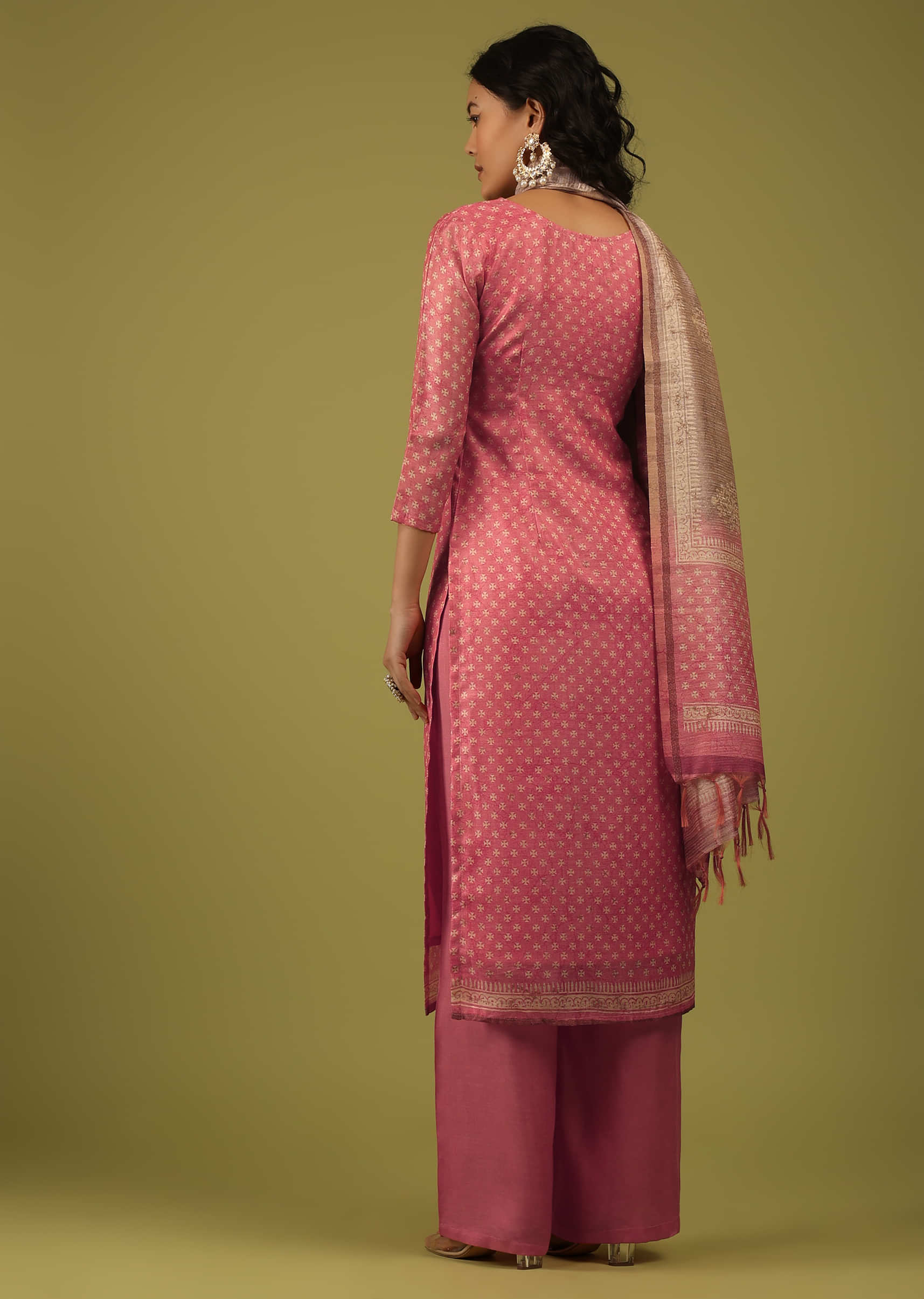 Sunkist Coral Pink Printed Palazzo Suit In Chanderi With Embroidery