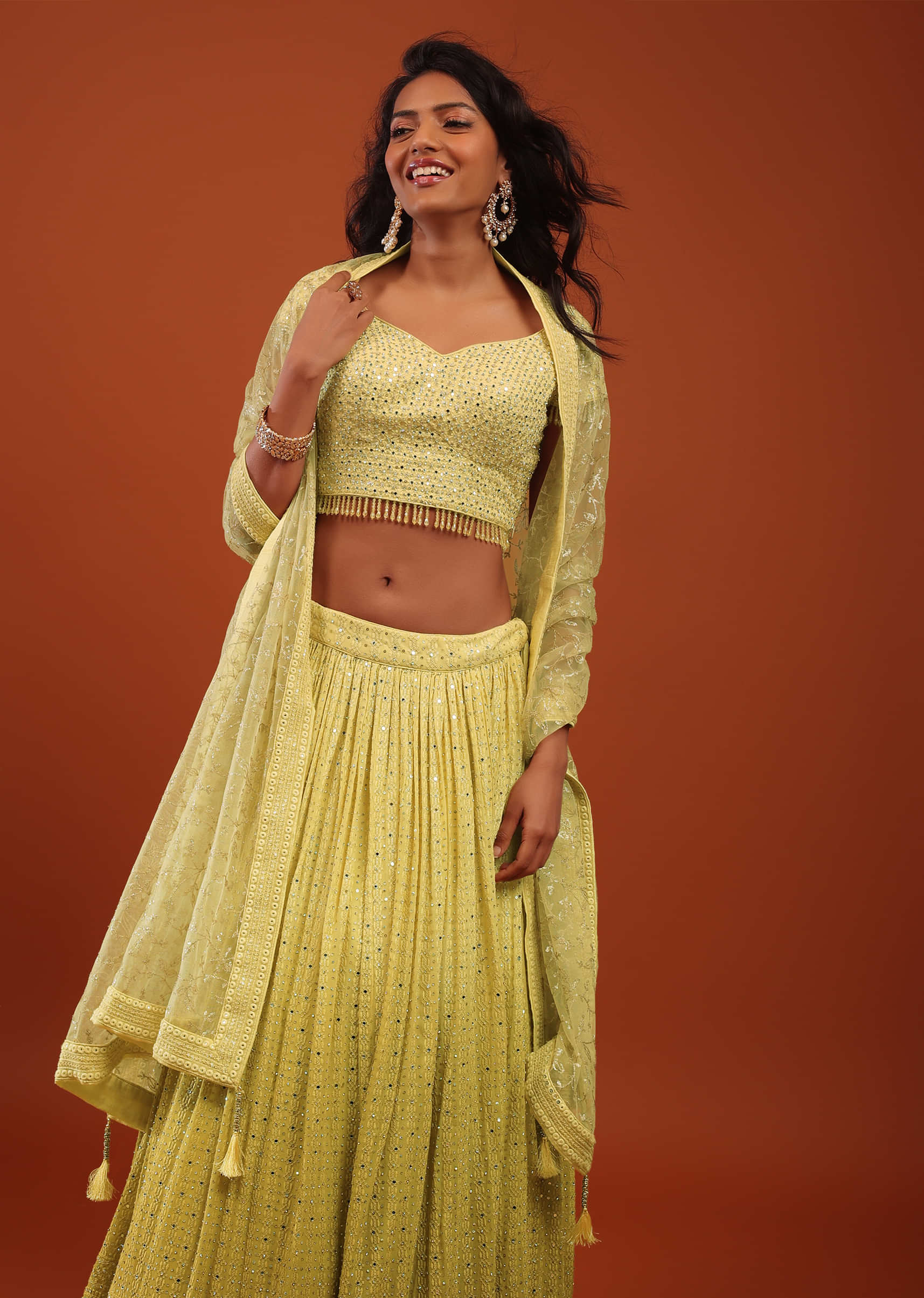 Super Lemon Yellow Ombre Lehenga In Georgette With Embroidery