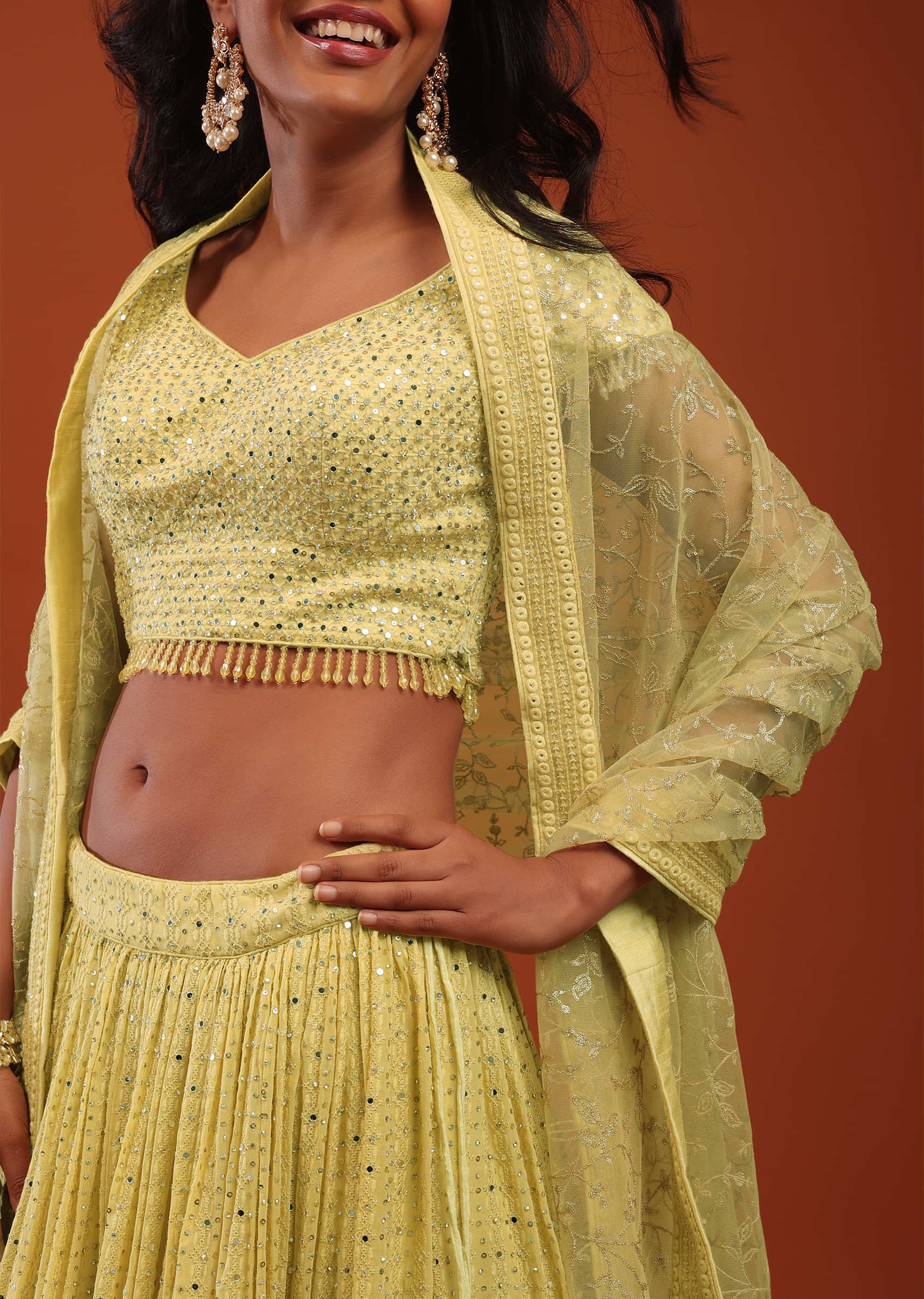 Super Lemon Yellow Ombre Lehenga In Georgette With Embroidery