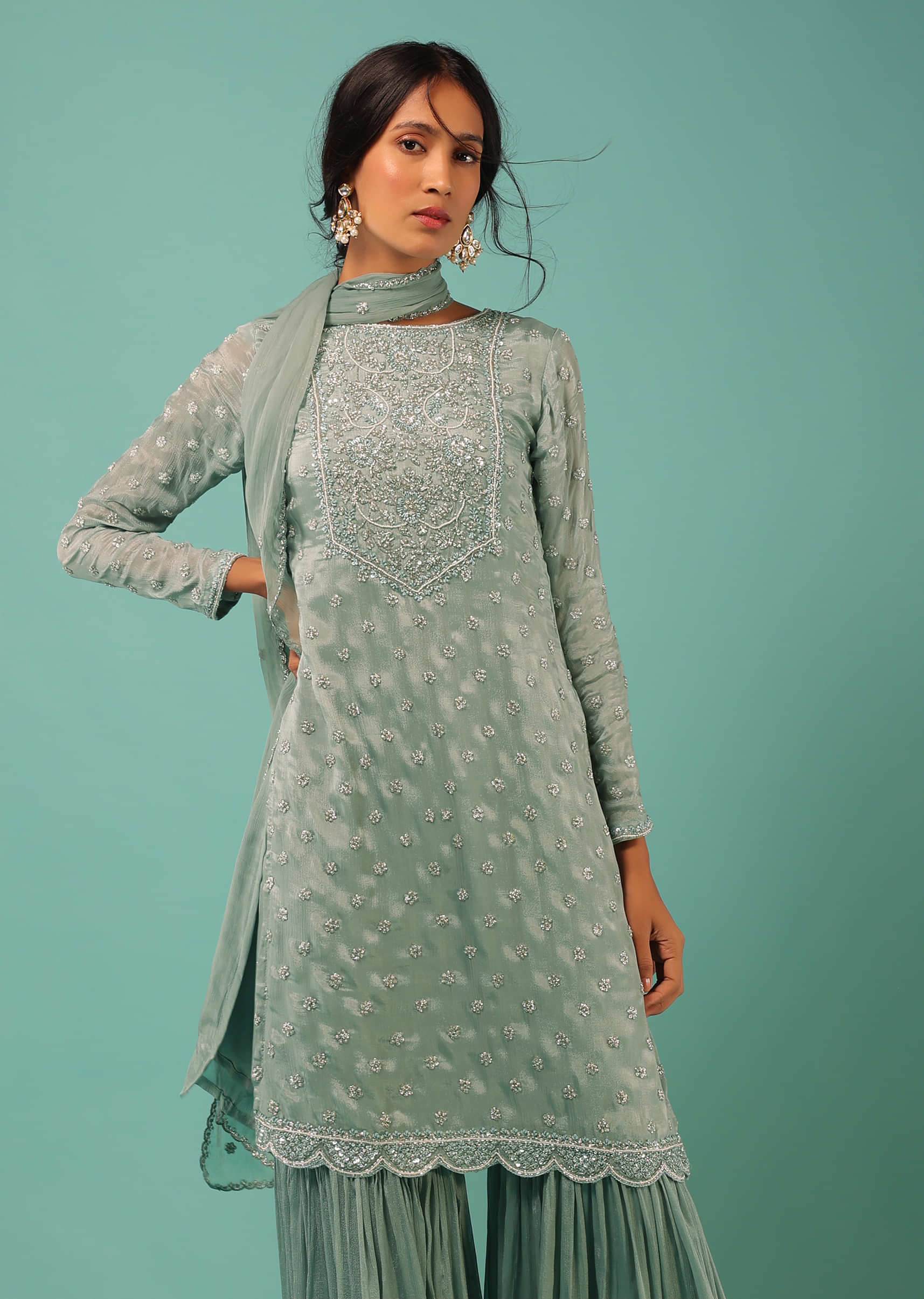 Mint Blue Sharara Suit In Chiffon With Embroidered Floral Yoke And Butti Design