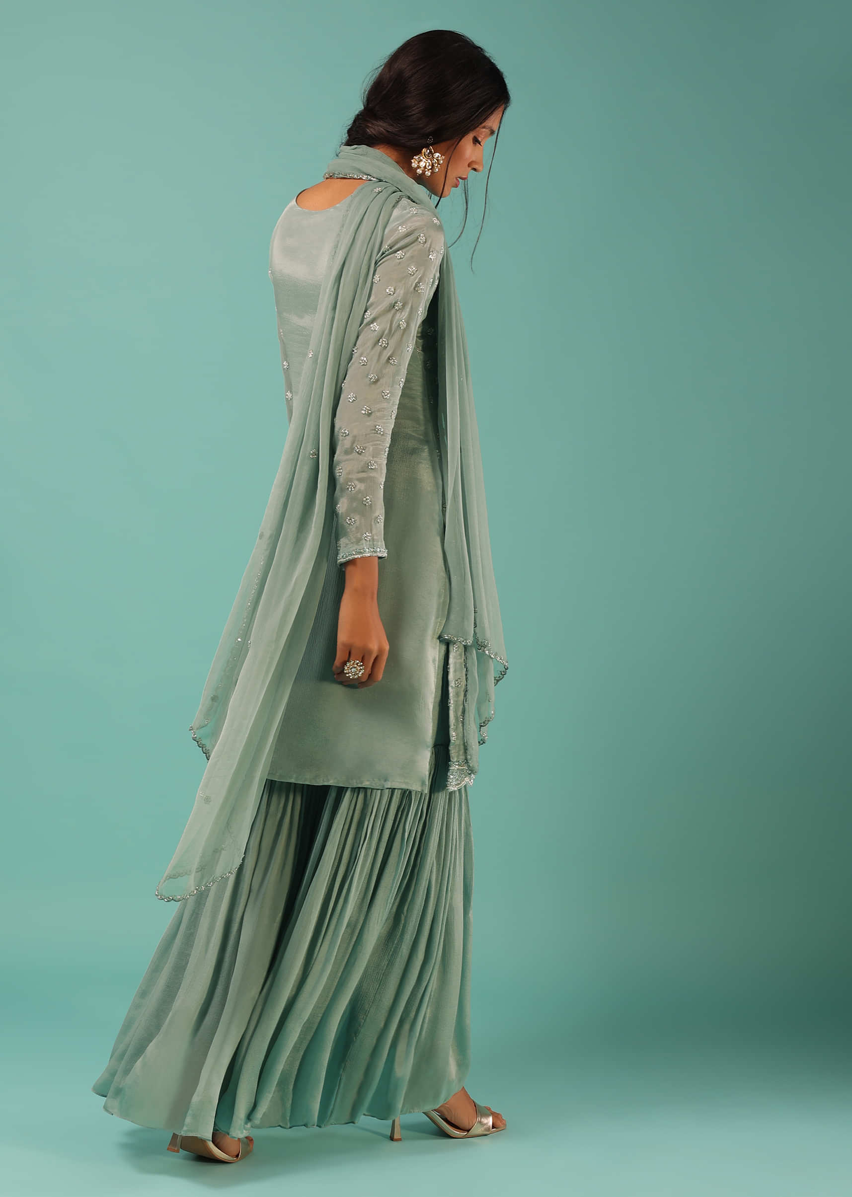 Mint Blue Sharara Suit In Chiffon With Embroidered Floral Yoke And Butti Design
