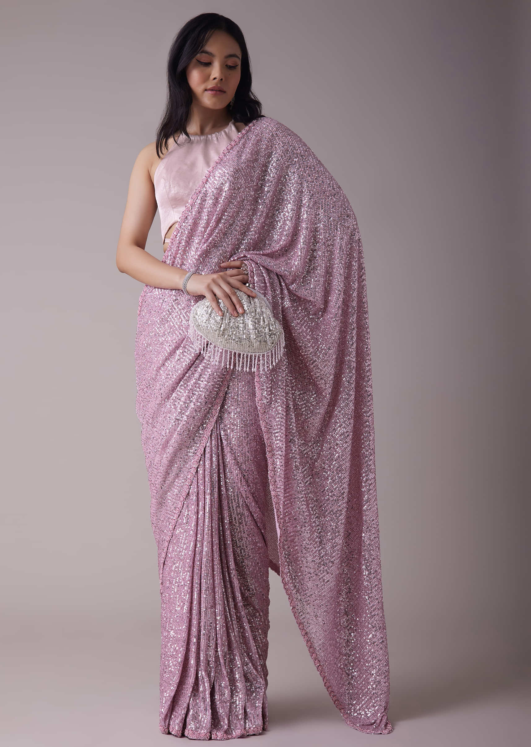 Lilac Purple Sequins Saree With An Embellished Border