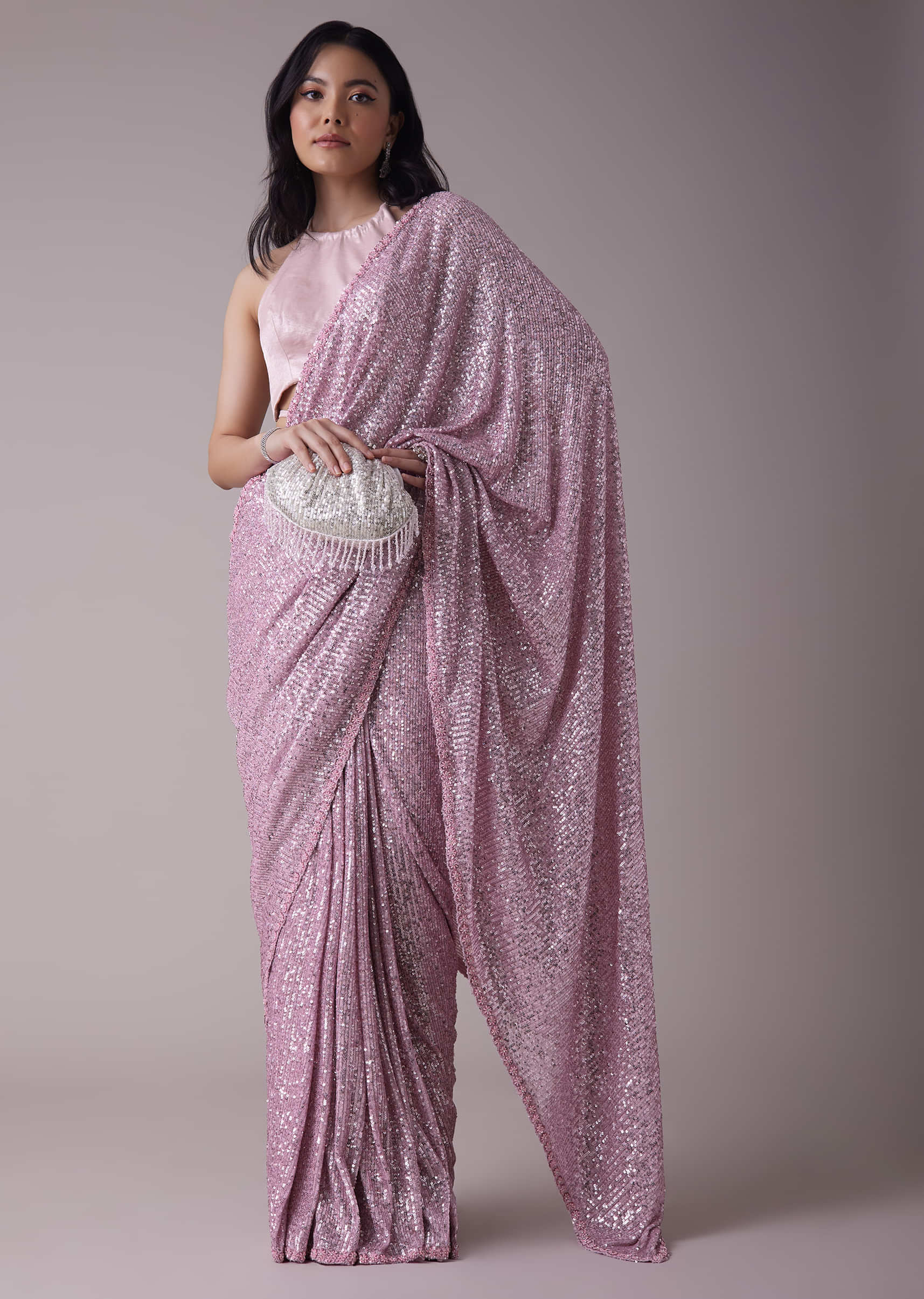 Lilac Purple Sequins Saree With An Embellished Border