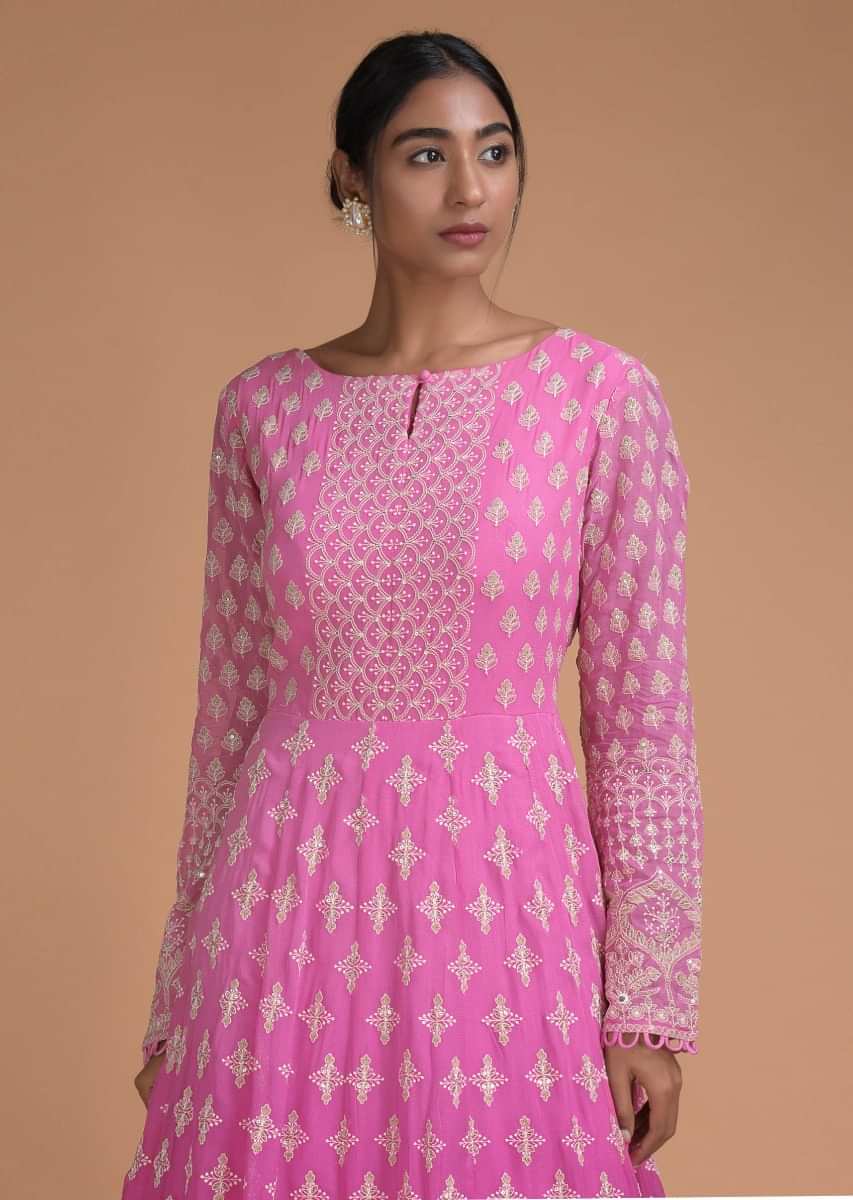 Taffy Pink And Rani Pink Ombre Anarkali Suit In Georgette With Lucknowi Thread Work Online - Kalki Fashion