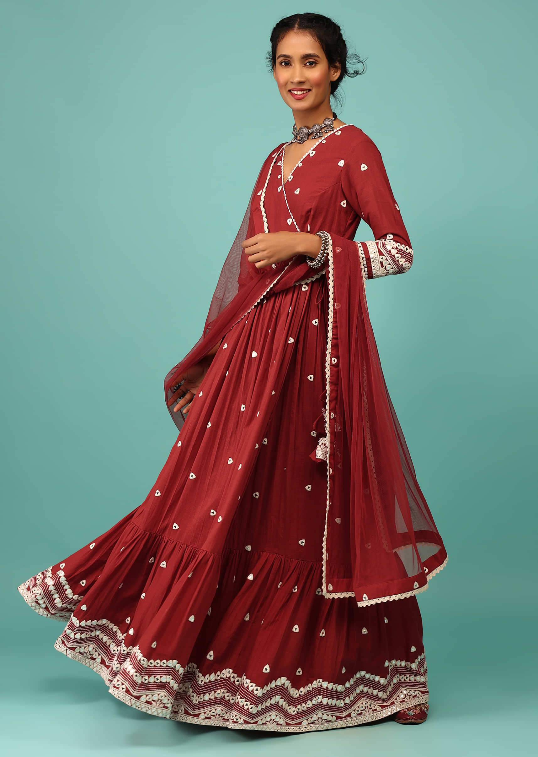 Apple Red Anarkali Kurta In Lucknowi Geometric Embroidery With Angrakha Pattern & Bottom Frill