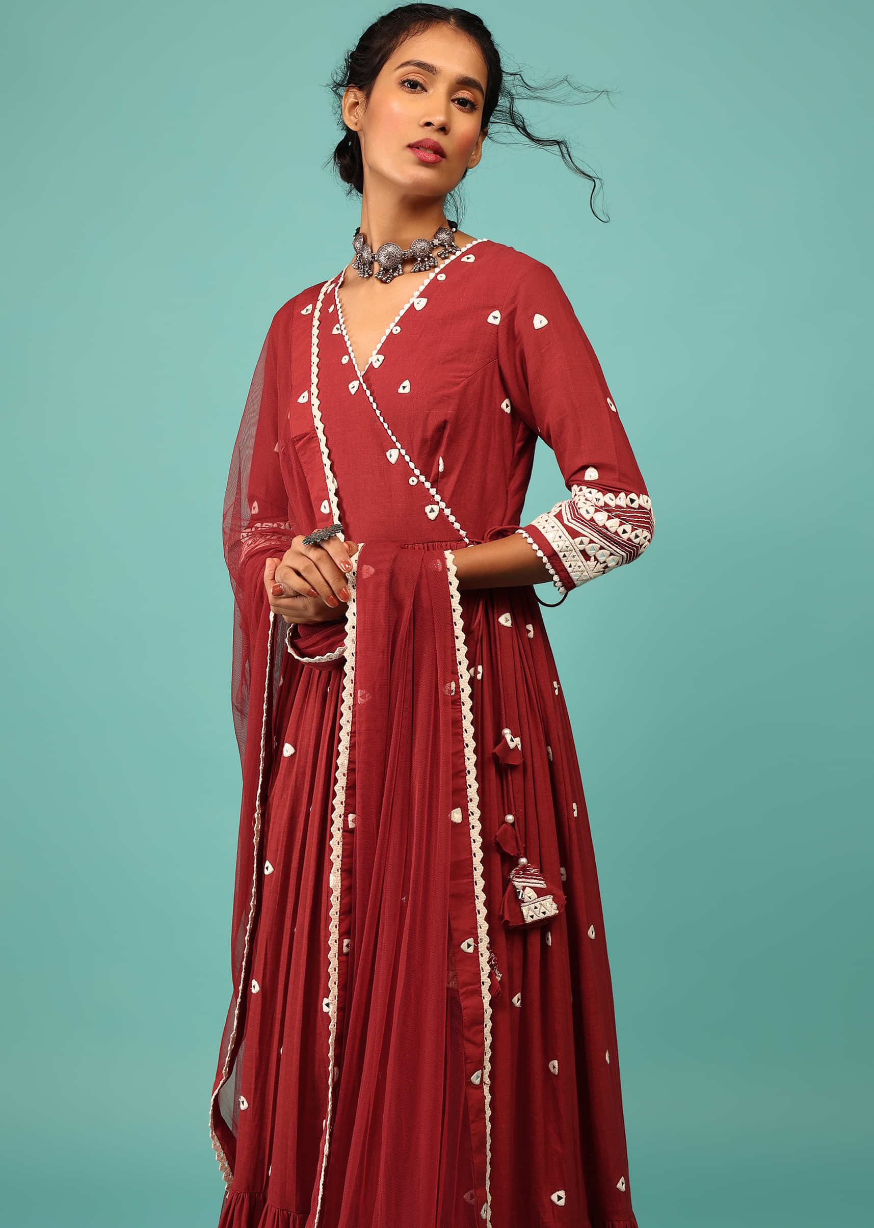 Apple Red Anarkali Kurta In Lucknowi Geometric Embroidery With Angrakha Pattern & Bottom Frill