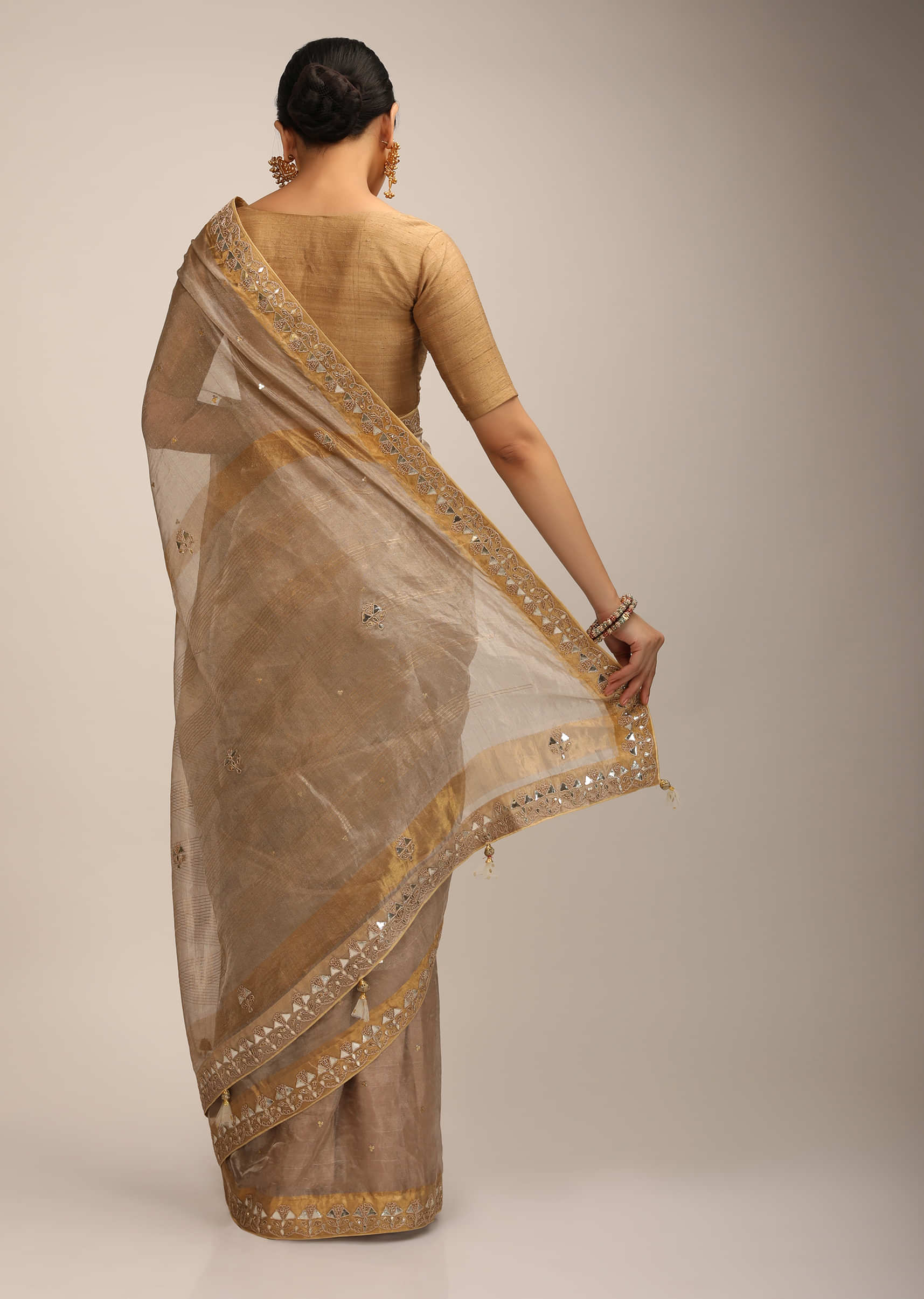 Taupe Gold Saree In Shimmer Tussar Silk With Gotta Patti Embroidery