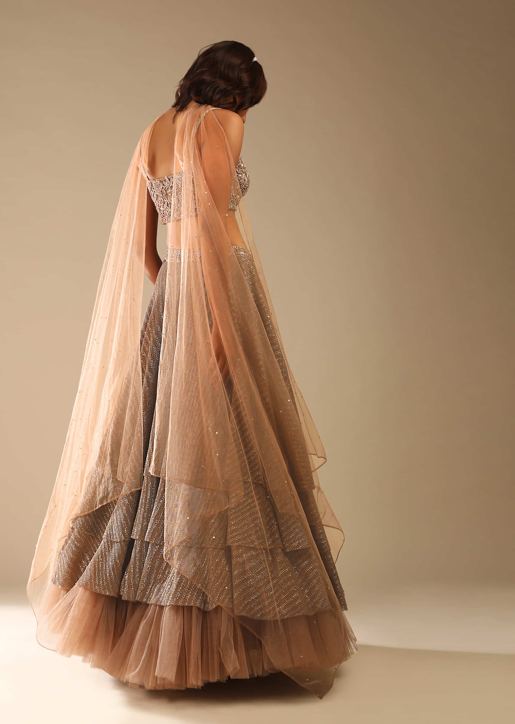 Taupe Layered Sequins Lehenga With Net Frill On The Hem And Cut Dana Embroidered Choli And Choker Dupatta 