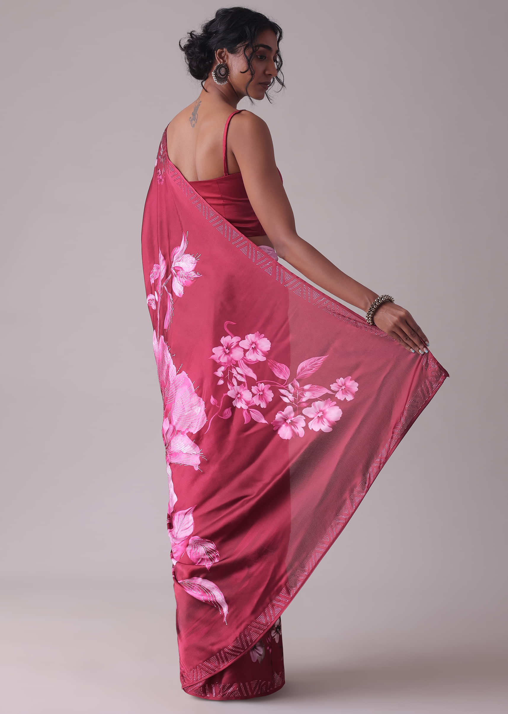 Tawny Port Pink Satin Printed Saree With Swarovski Embellishment
