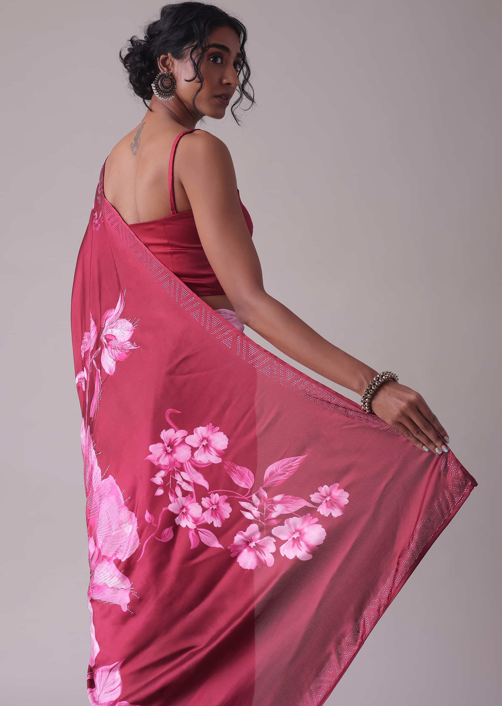 Tawny Port Pink Satin Printed Saree With Swarovski Embellishment