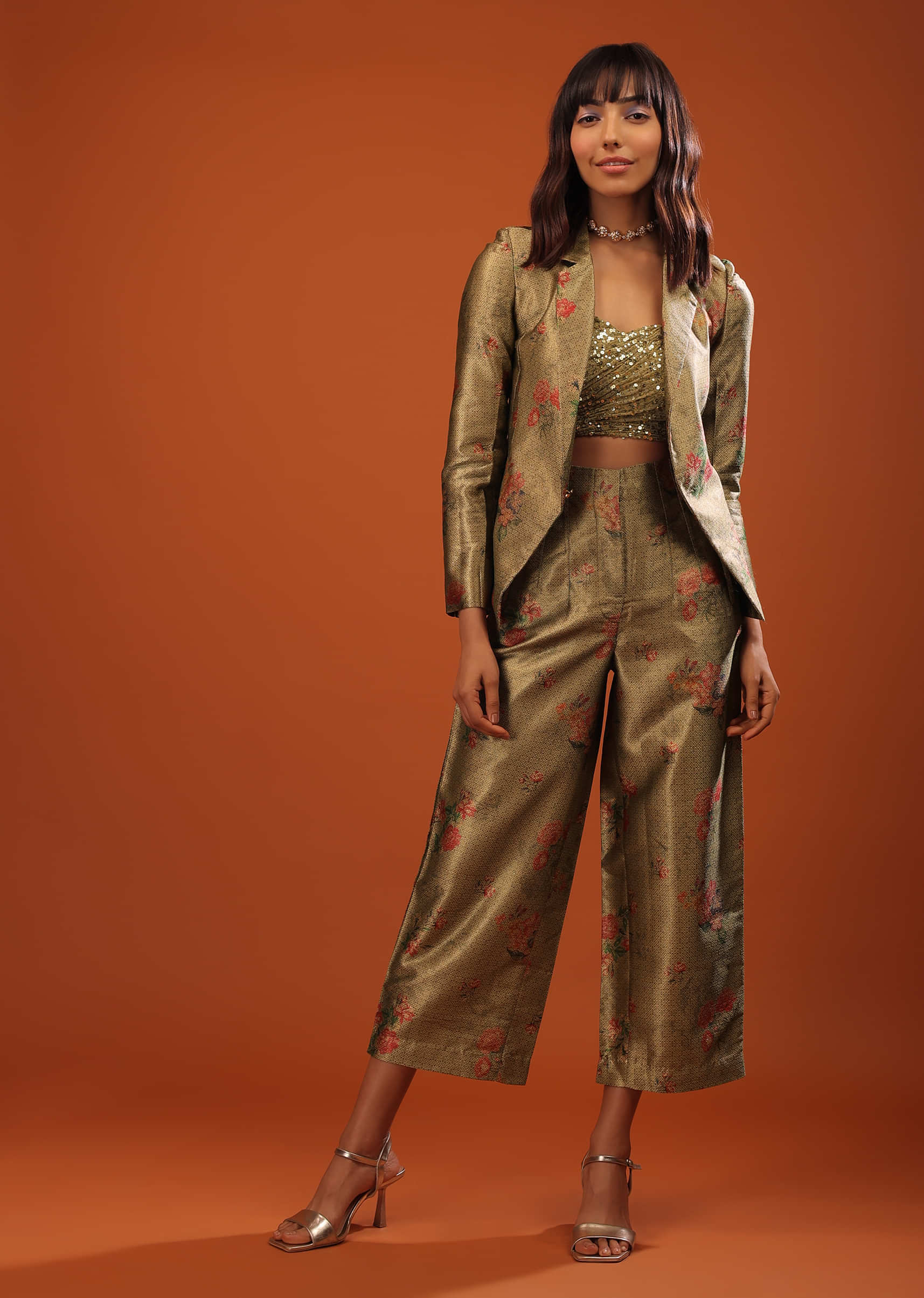 Moss Green Three-Piece Suit In Woven Floral Motifs With Cropped Pants And Sequin Bustier