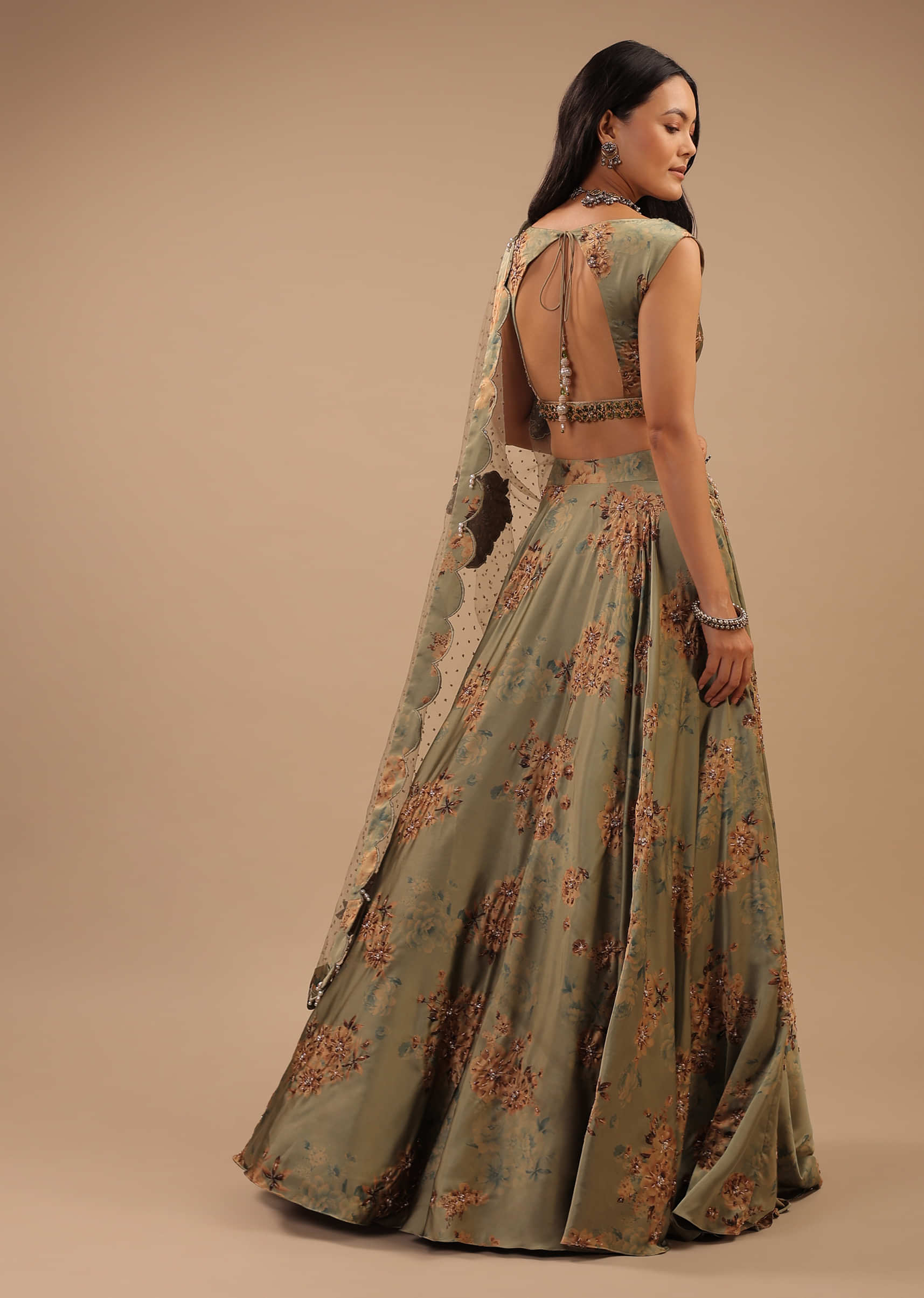 Tea Green Crop Top And Lehenga With Floral Print and Moti Tassels