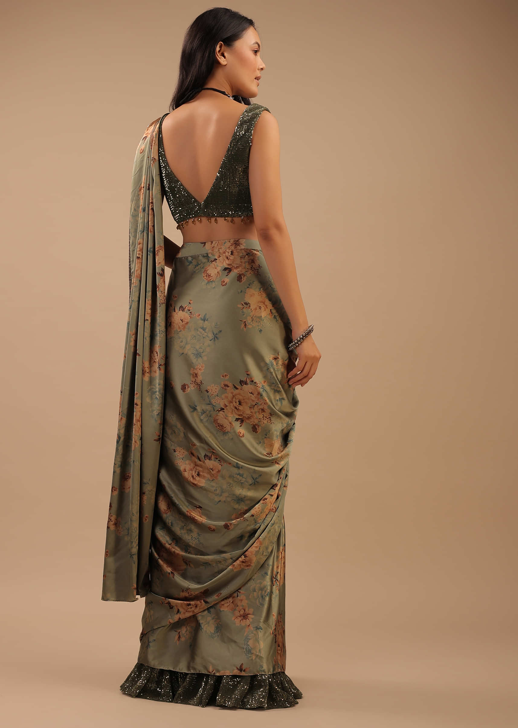 Tea Green Ready Pleated Satin Saree With Floral Print And Sequins Blouse