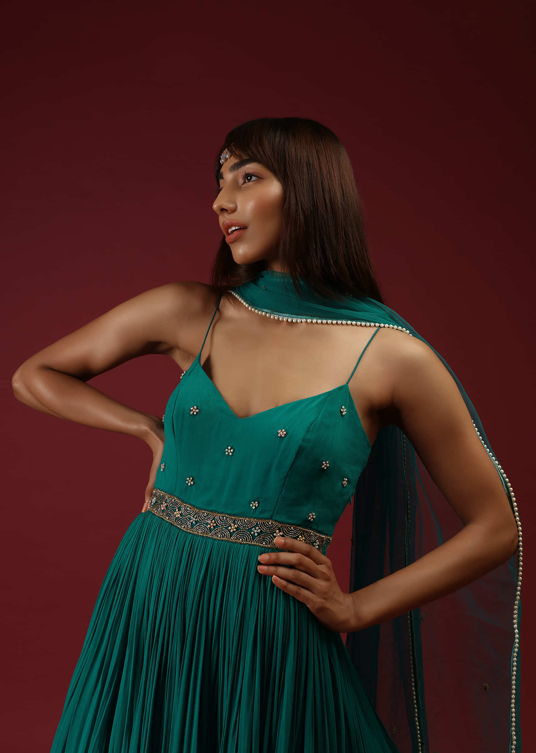 Teal Anarkali Suit In Georgette With Multi Colored Sequins Embroidered Floral Buttis And Cut Dana Embellished Waistline  