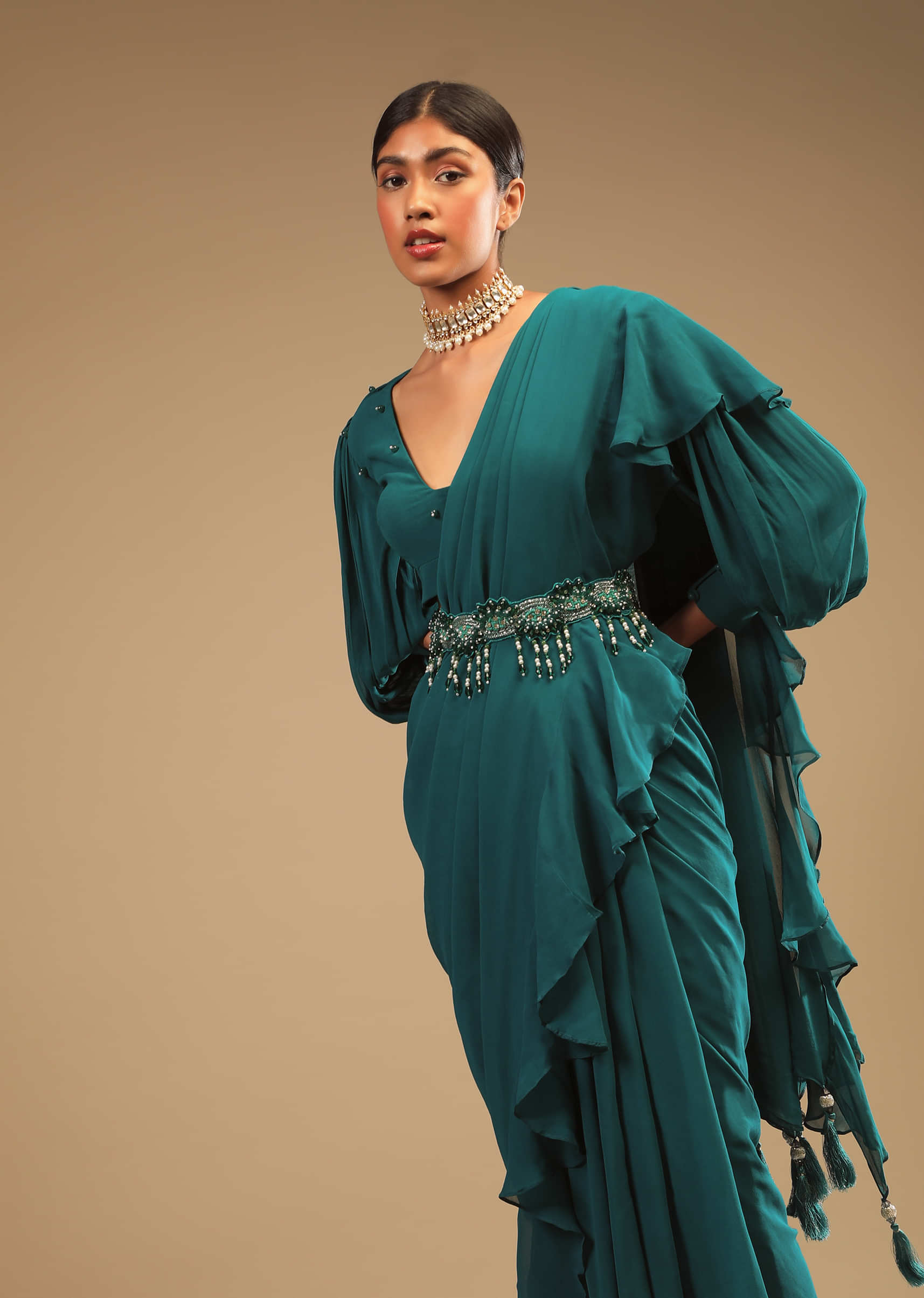 Teal Blue Saree In Georgette With Ruffle Frill And A Chunky Embroidered Belt