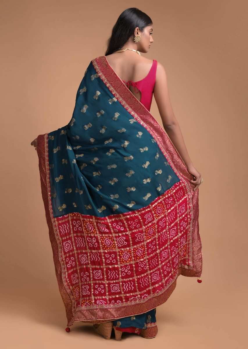 Teal Blue Saree In Silk With Bandhani Printed Pallu And Weaved Floral Buttis And Border  