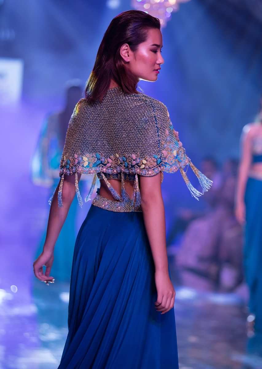 Seaside Blue Crop Top And Palazzo With Embossed Embroidery And Hand Crafted Cape  