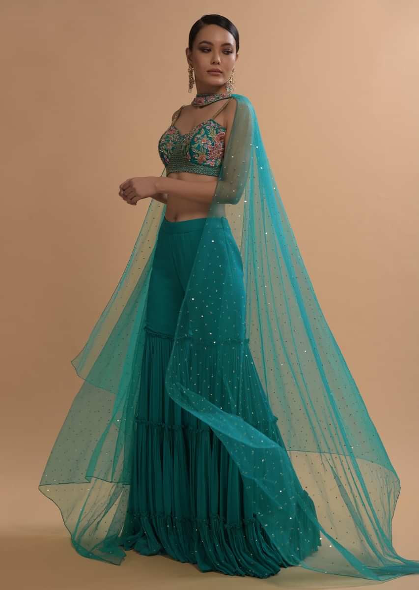 Teal Sharara And Crop Top Set With Colorful Resham, Cut Dana And Moti Embroidered Spring Blooms  