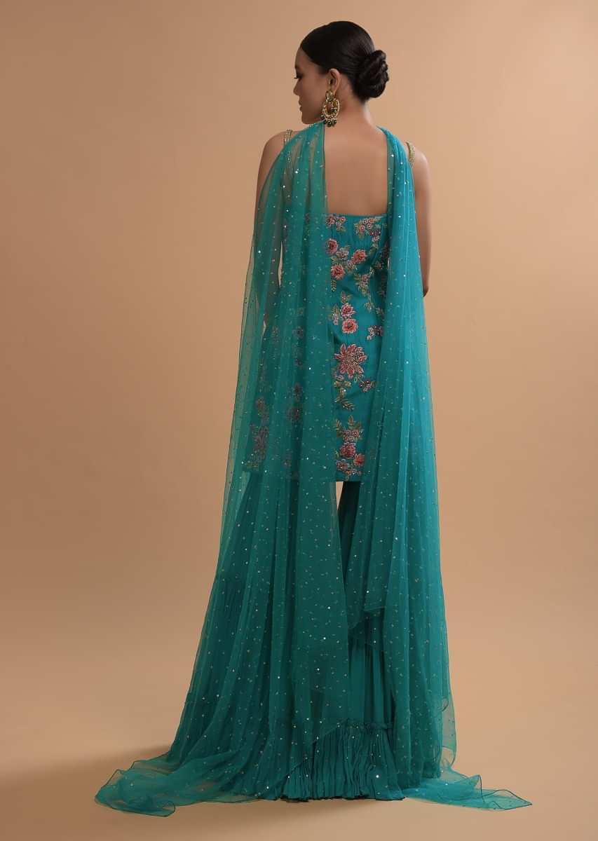 Teal Sharara Suit With Colorful Resham, Cut Dana And Moti Embroidered Spring Blossoms  