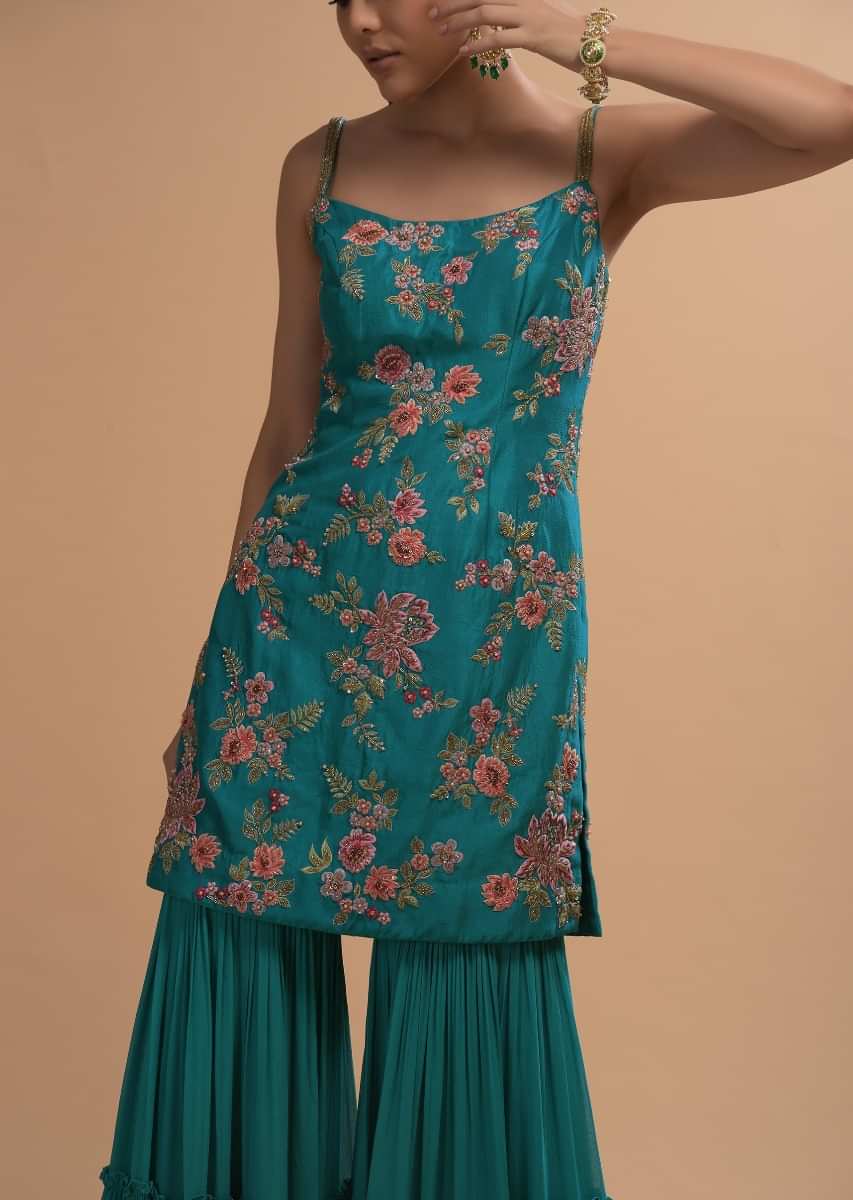 Teal Sharara Suit With Colorful Resham, Cut Dana And Moti Embroidered Spring Blossoms  
