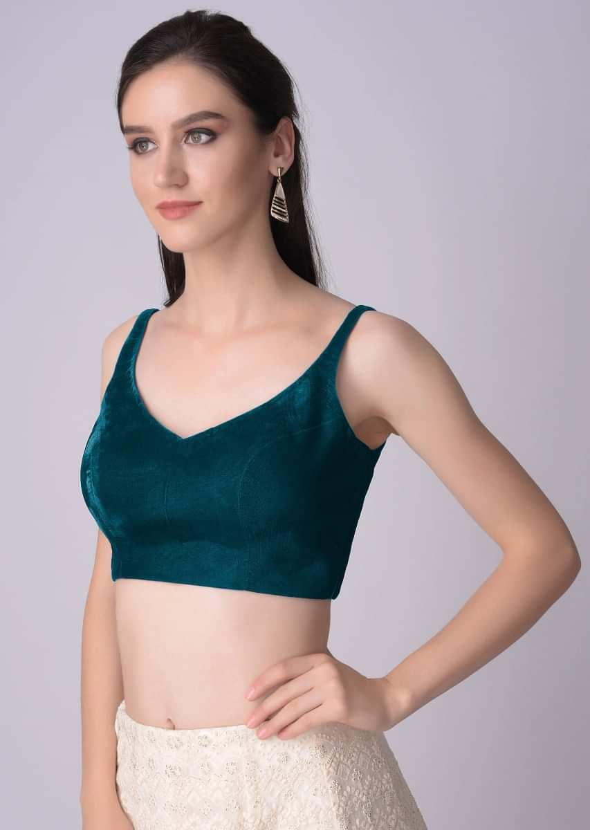 Teal Sleeveless Blouse With Leaf Shaped Neckline