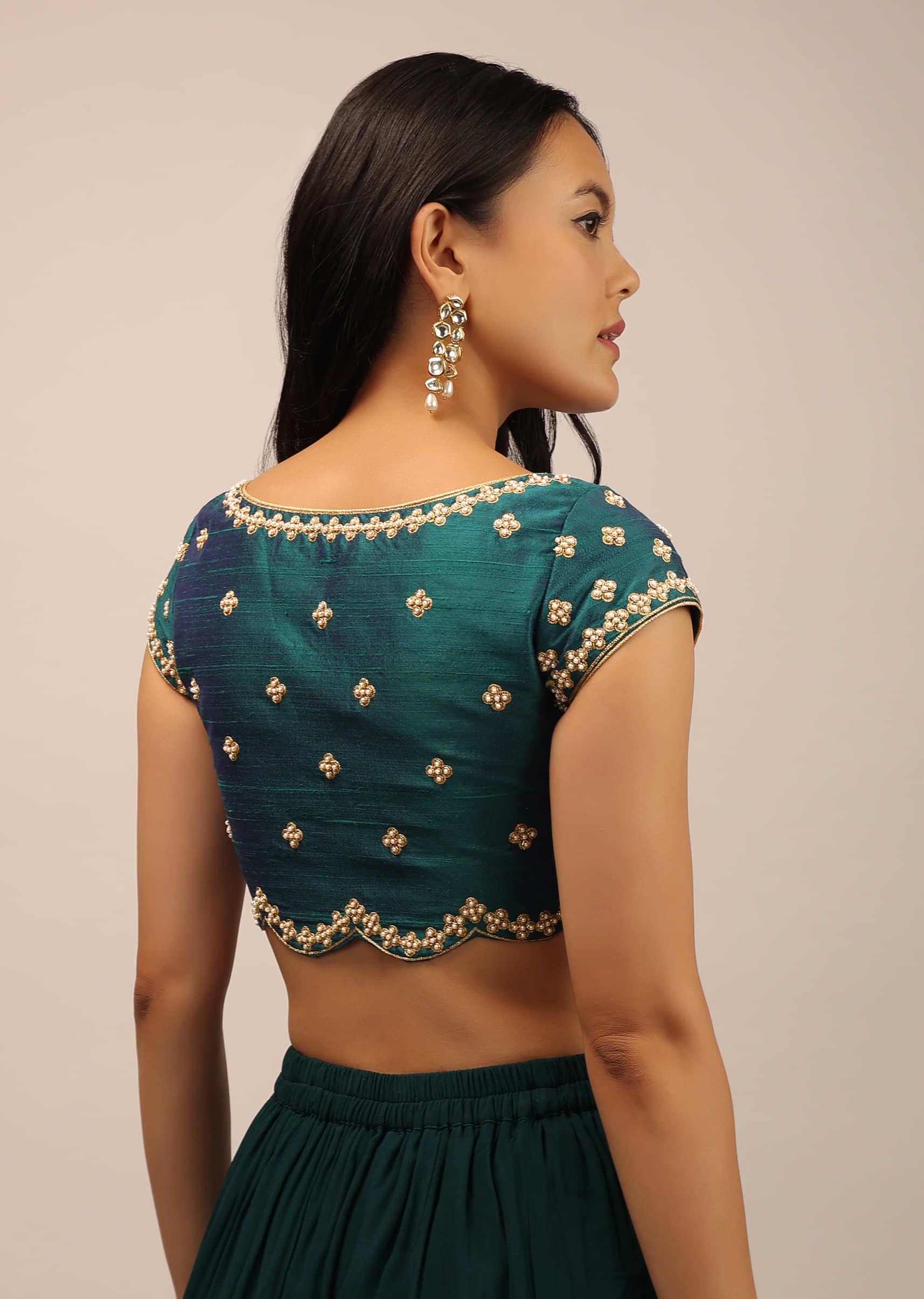 Teal Blouse In Raw Silk With Moti And Zari Work In Floral Design