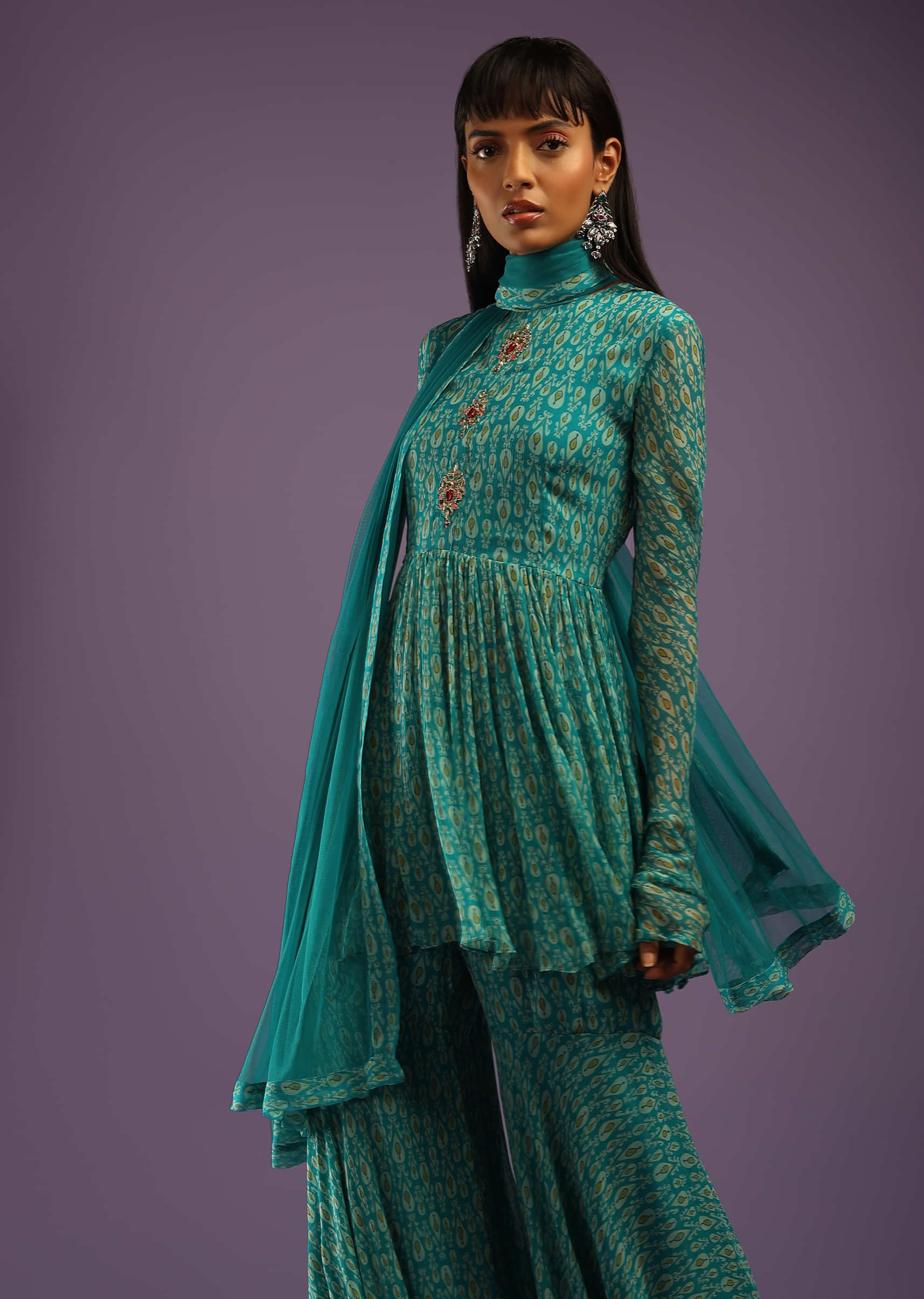 Teal Blue Sharara Suit In Georgette With All Over Print And Churidar Sleeves  