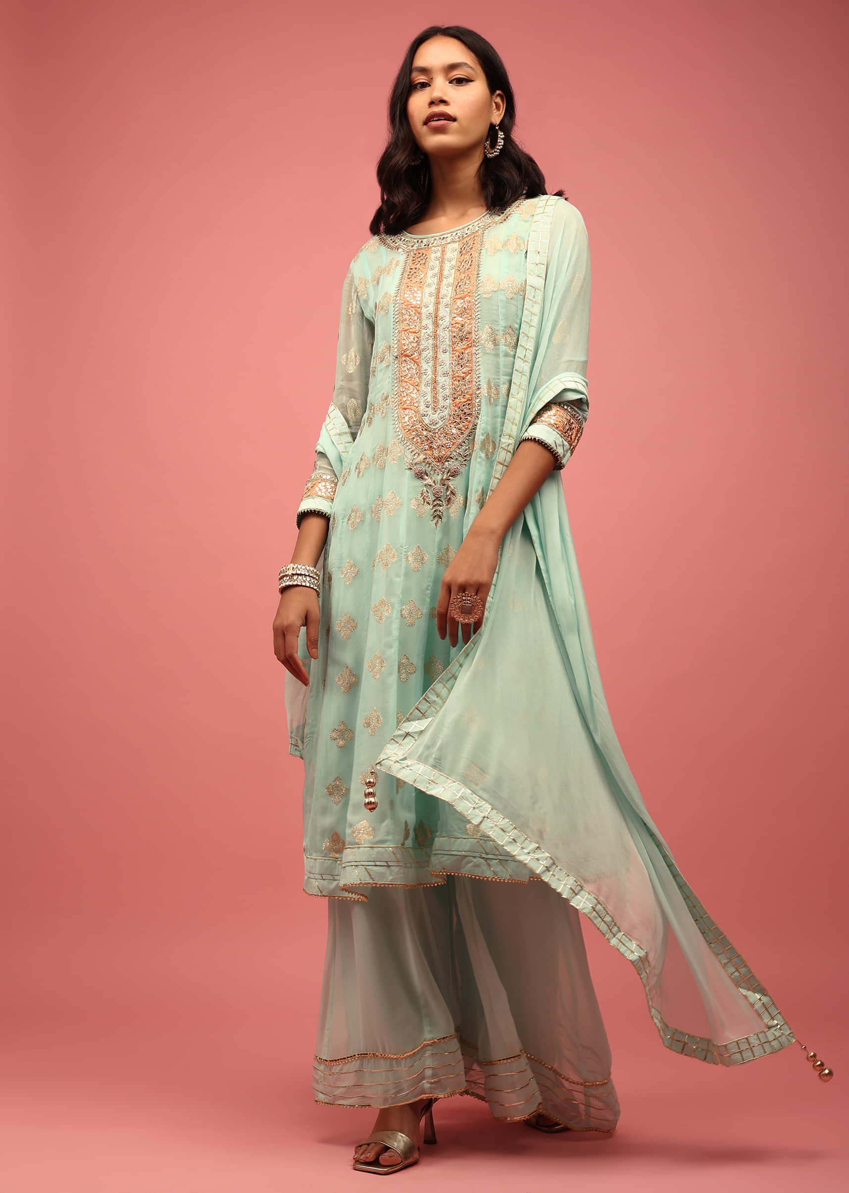 Sea Green Georgette Anarkali Suit With Embroidery