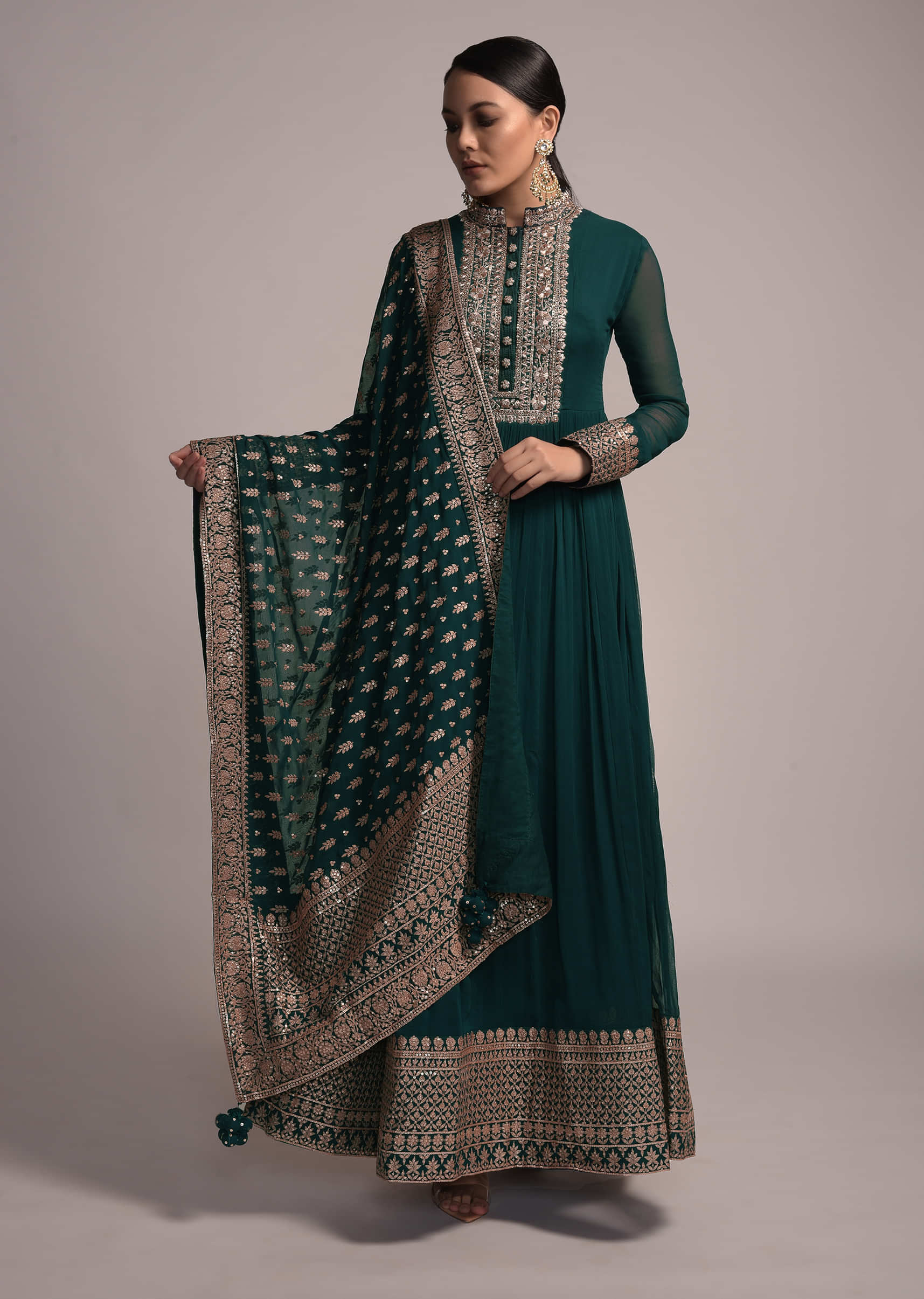 Teal Green Anarkali Suit In Georgette With Zardozi And Zari Embroidery Work