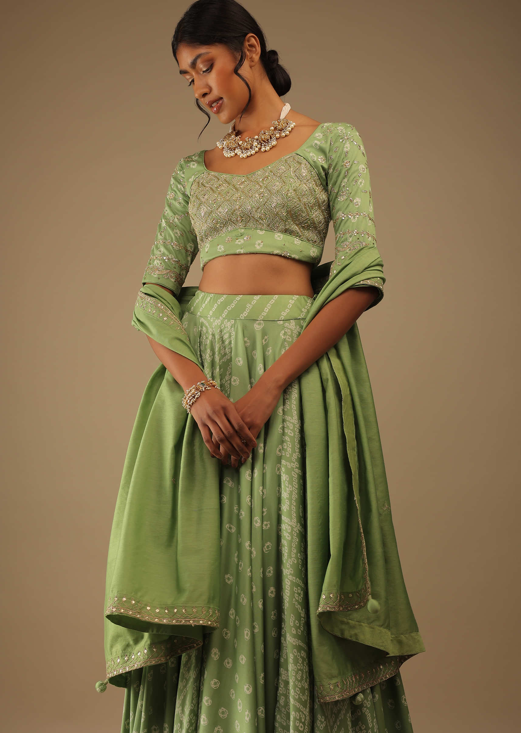 Tendril Green Lehenga  With Choli Set In Digital Bandhani Print, Choli Comes In Zari And Sequins Embroidery Buttis 