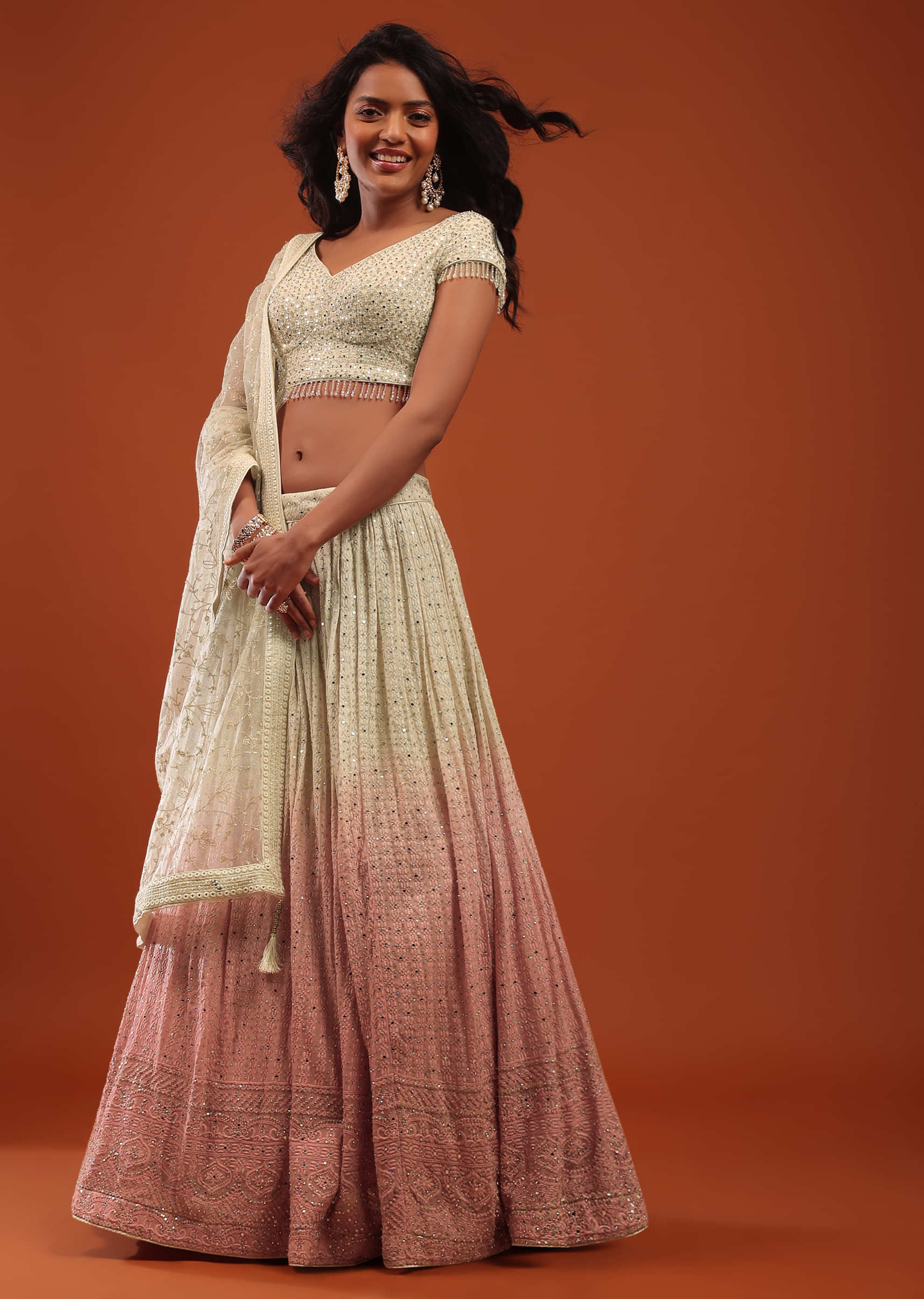 Terra Cotta Pink Ombre Lehenga In Georgette With Embroidery