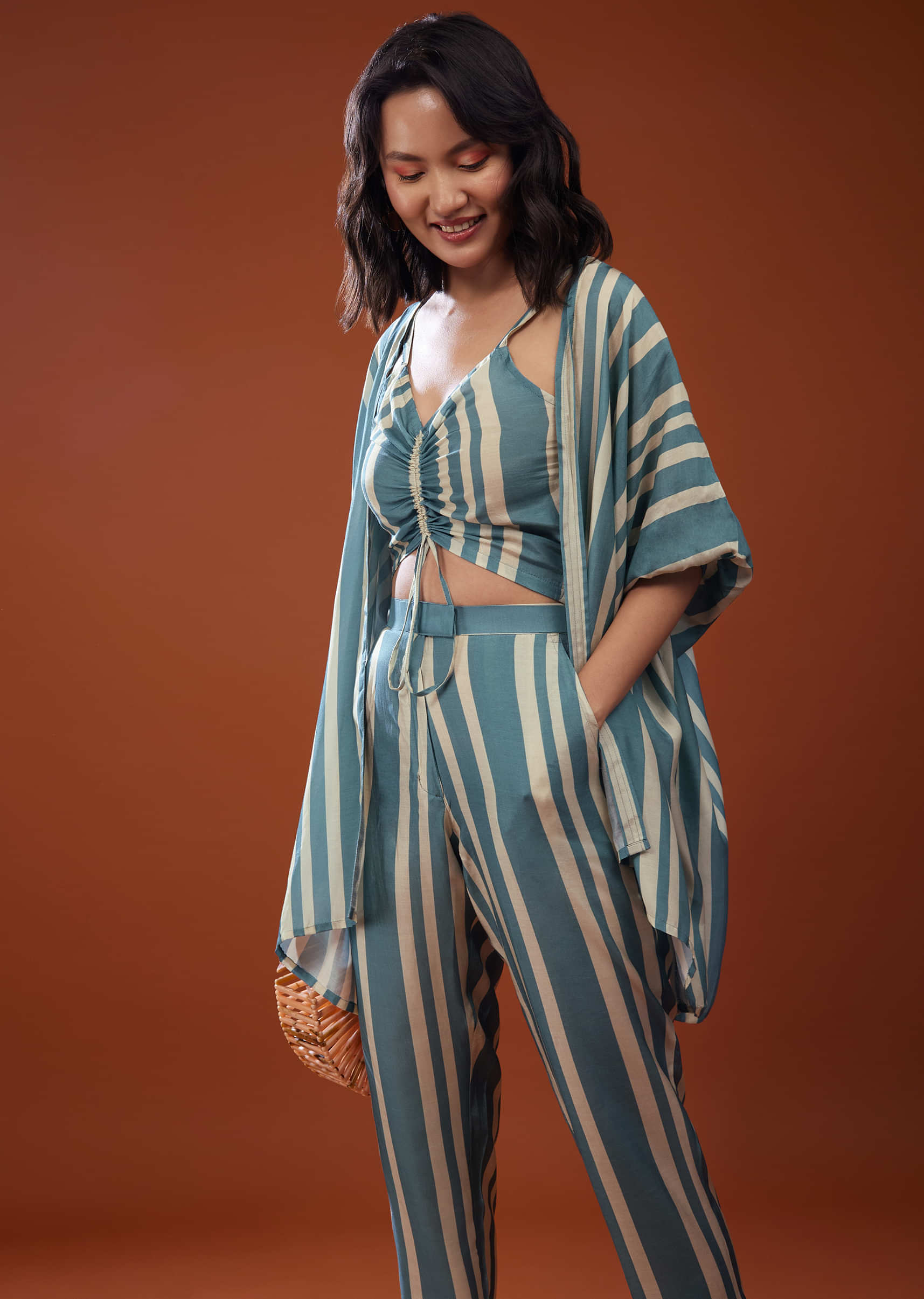 Three-Piece Teal Blue Striped Co-ord Set In Muslin