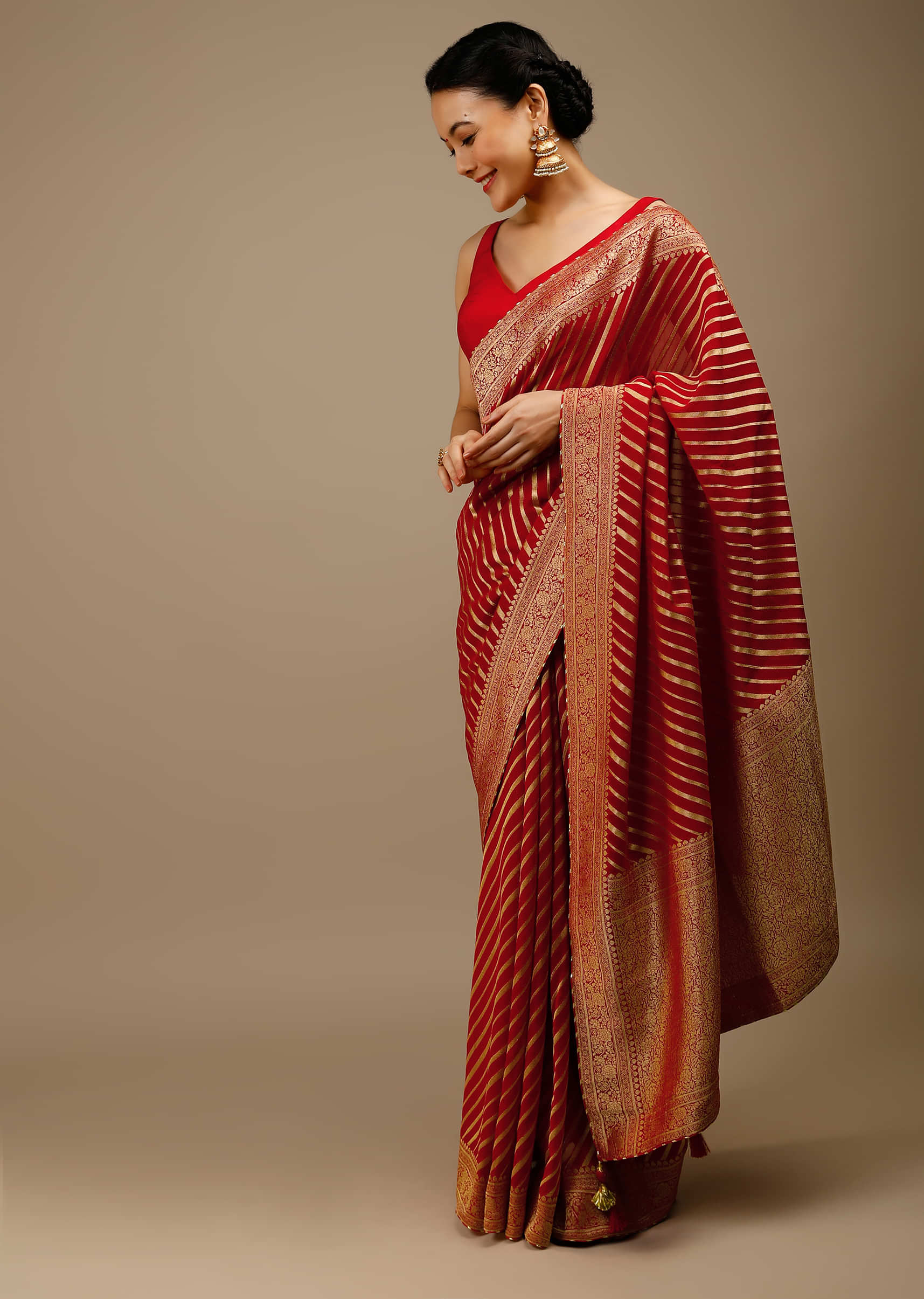 Tomato Red Saree In Georgette With Brocade Woven Diagonal Stripes And Floral Border  