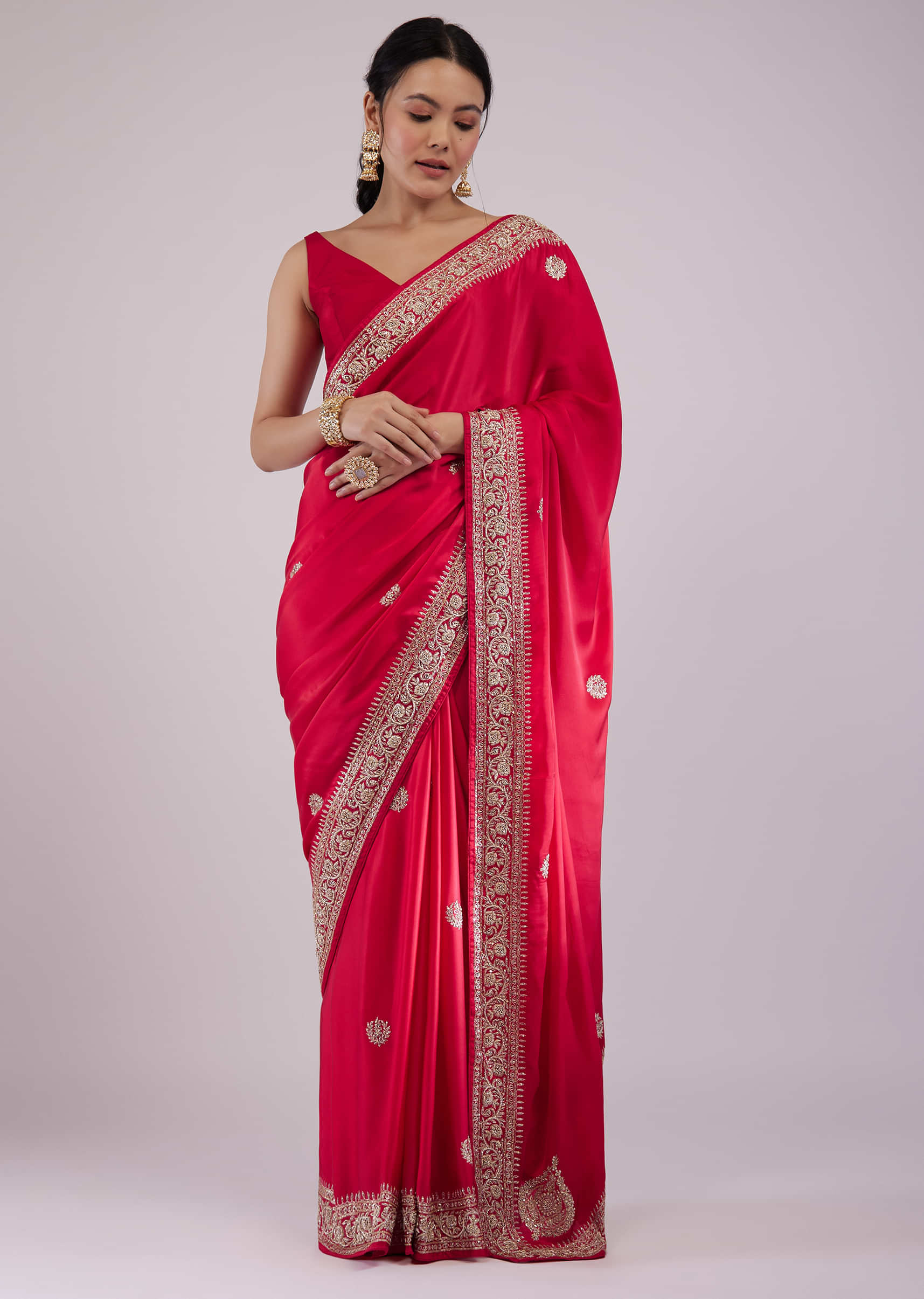 Carmine Red Satin Saree With Embroidery