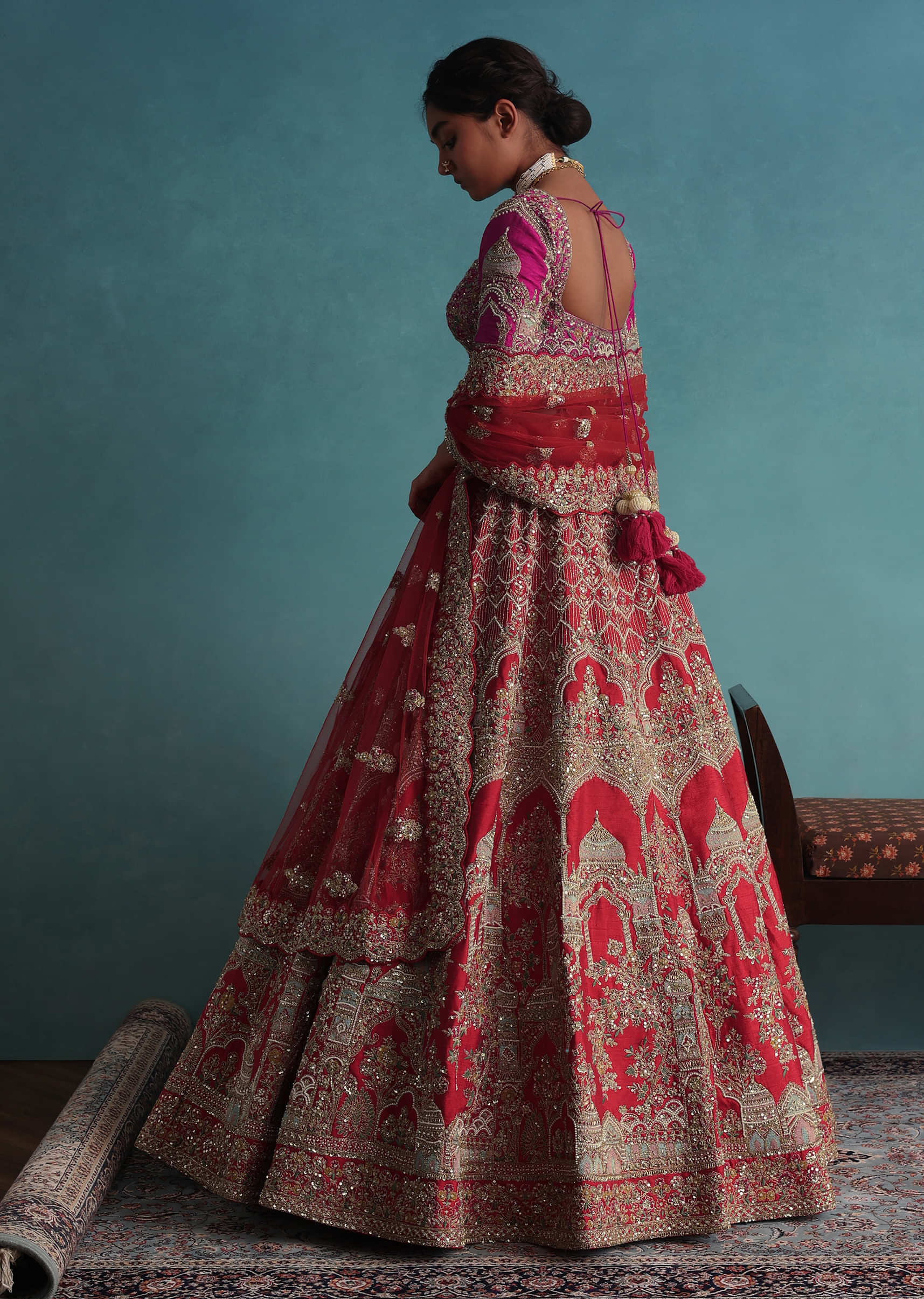 Tomato Red Embroidered 12 Kali Bridal Lehenga In Raw Silk With Cherry Pink Blouse And Veil Dupatta