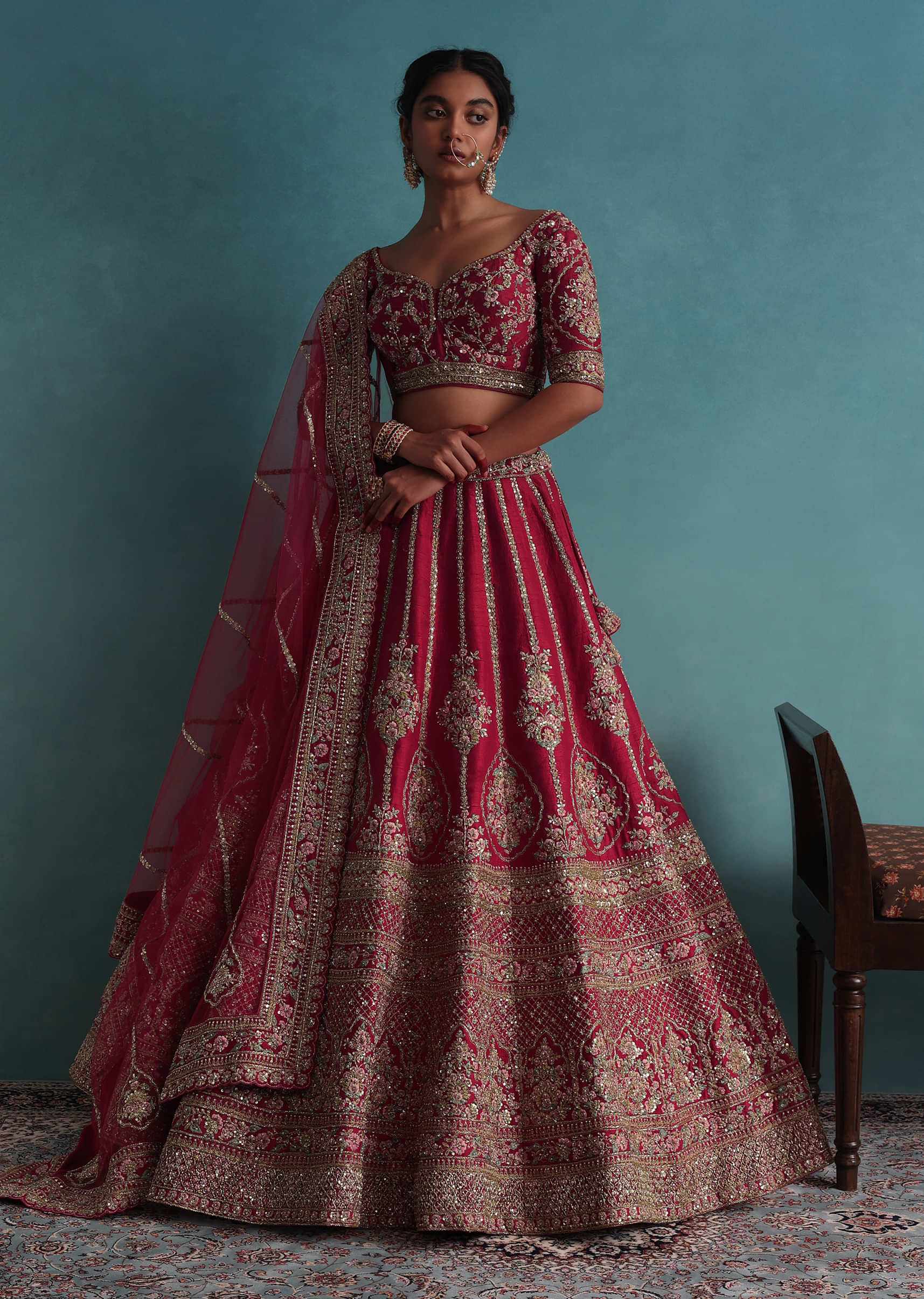 Tomato Red Embroidered 16 Kali Bridal Lehenga In Raw Silk With Floral Hand Embroidery