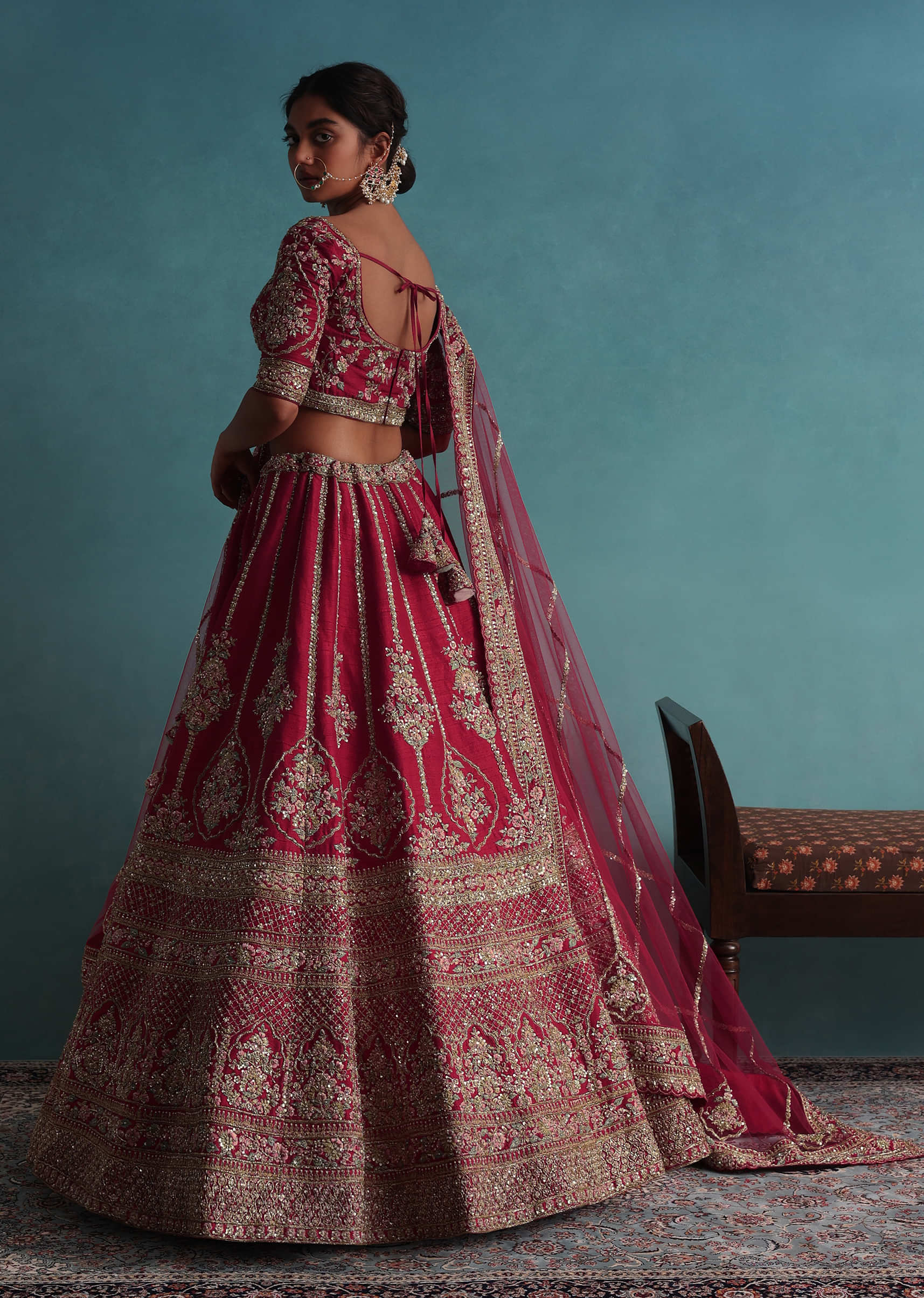 Tomato Red Embroidered 16 Kali Bridal Lehenga In Raw Silk With Floral Hand Embroidery
