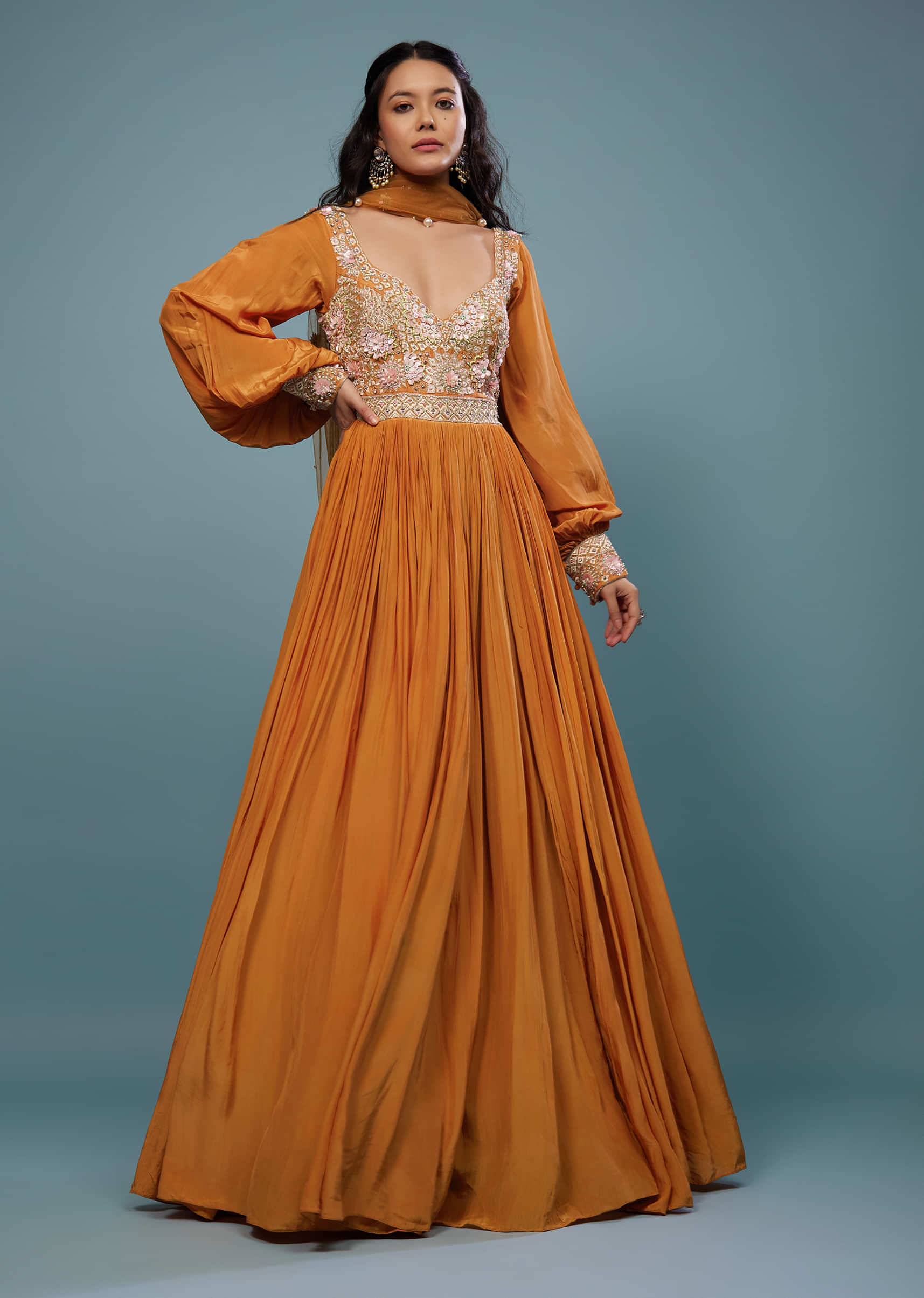 Fire Orange Embroidered Anarkali Suit In Crepe