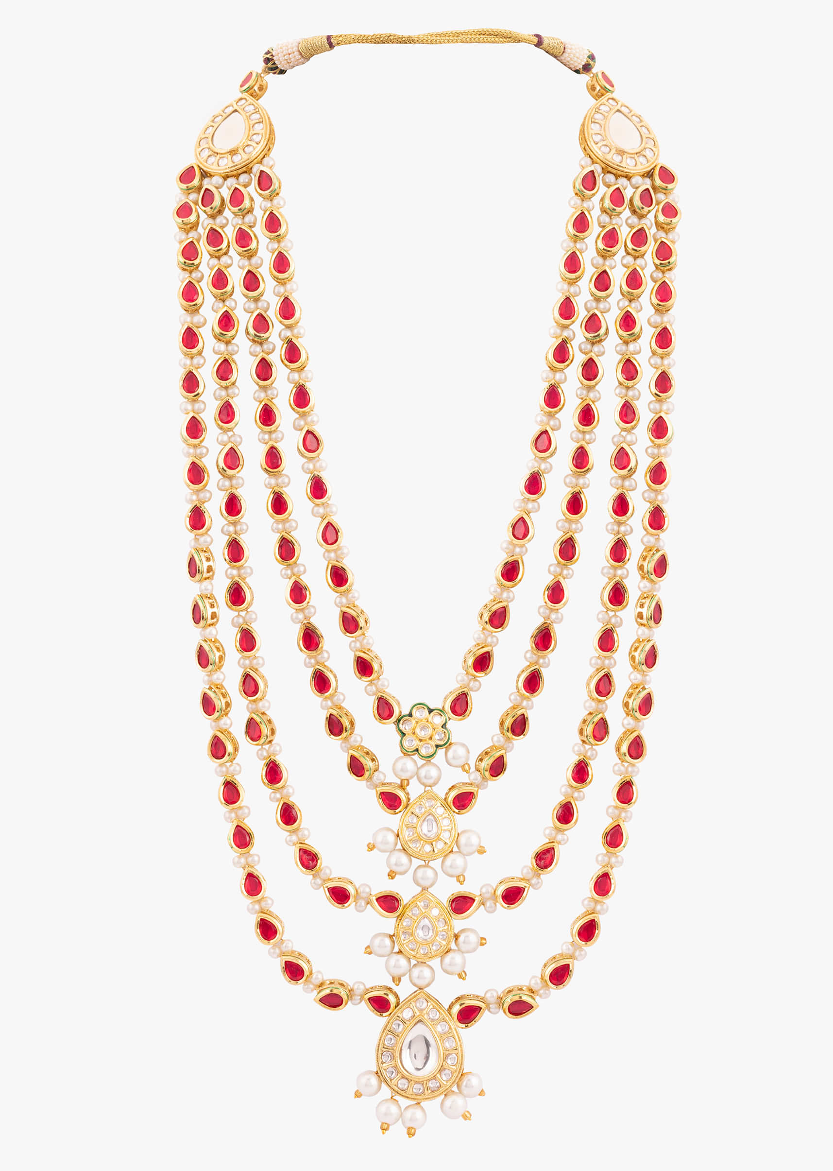 Traditional Gold Toned Layered Kundan Mala In Red And White