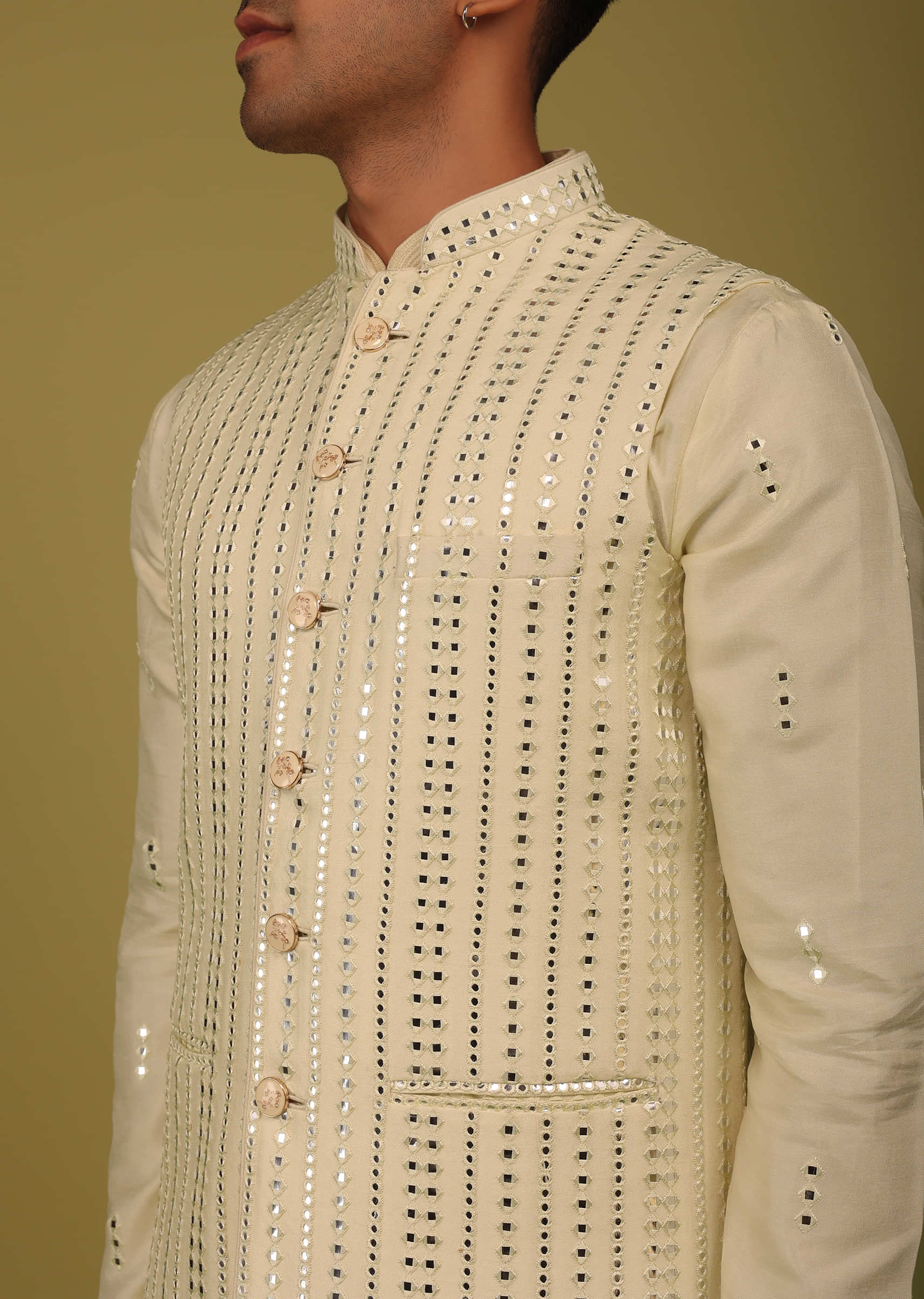 Cream White Art Silk Bandi Jacket Set With Mirrorwork