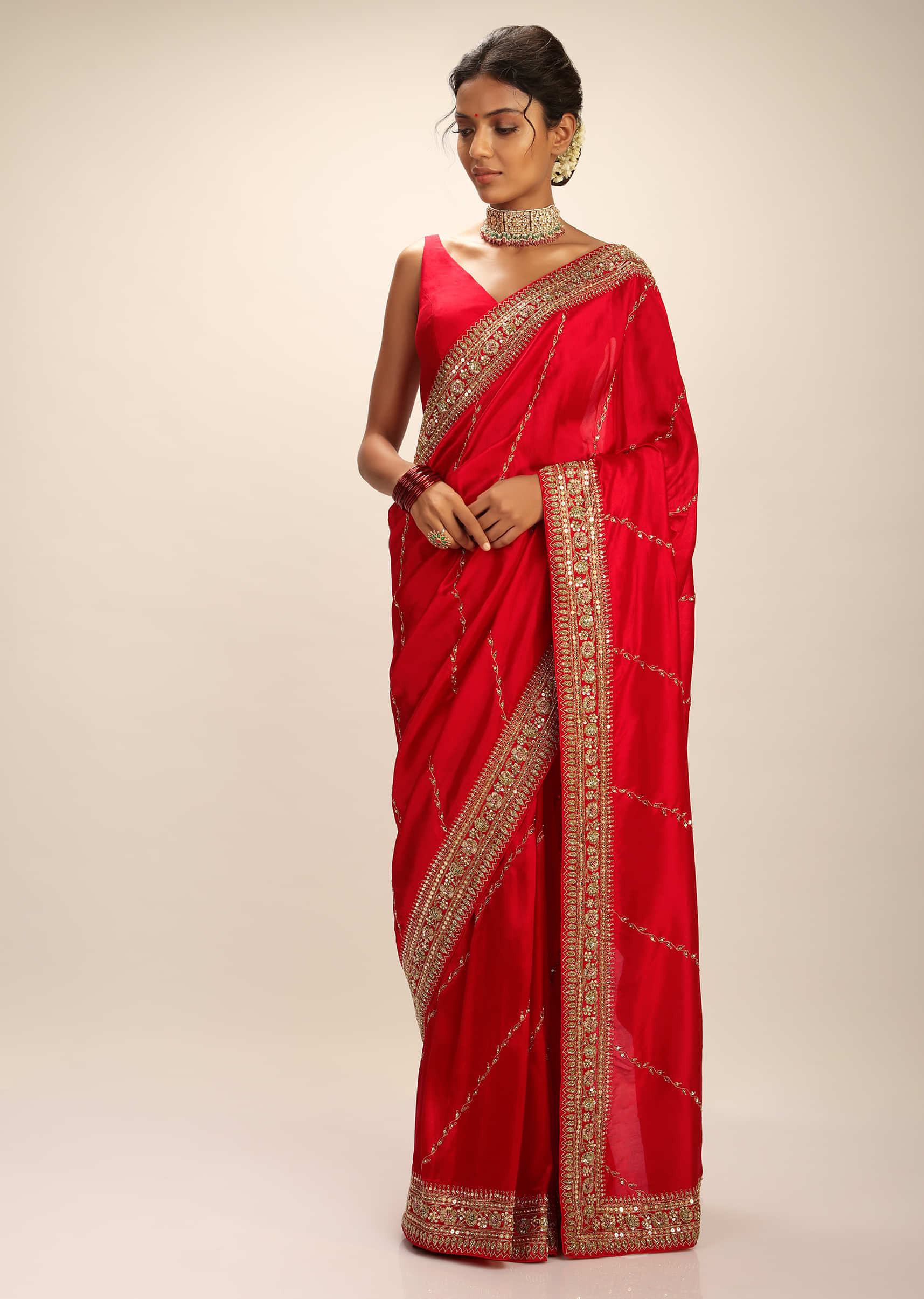 True Red Purple Saree In Dupion Silk With Hand Embroidered Embroidered Stripes And Floral Border 